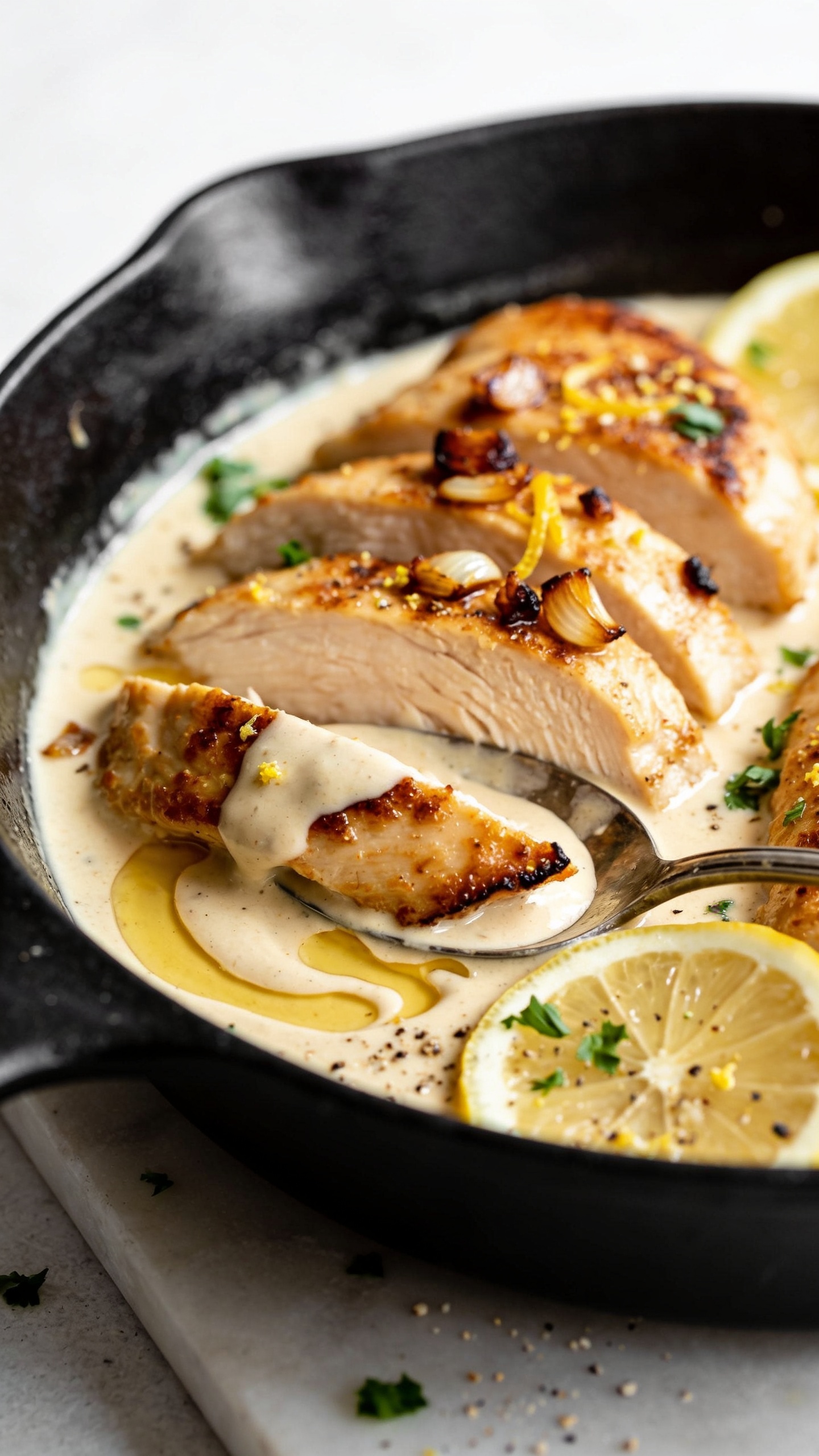 Ultra close-up angled shot from skillet edge level: focus on overlapping slices of golden chicken partially submerged in the velvety cream sauce, crisp sear edges, glossy sauce pooling in spoonable swirls; charred caramelized garlic bits and lemon zest sparkles; thinly sliced lemon rounds and a final scatter of fresh parsley; a dusting of freshly cracked pepper. Bright natural light, shallow depth of field emphasizing juicy texture and sheen, 90–95% food in frame, black cast-iron skillet on light stone, cohesive with the same finished recipe.