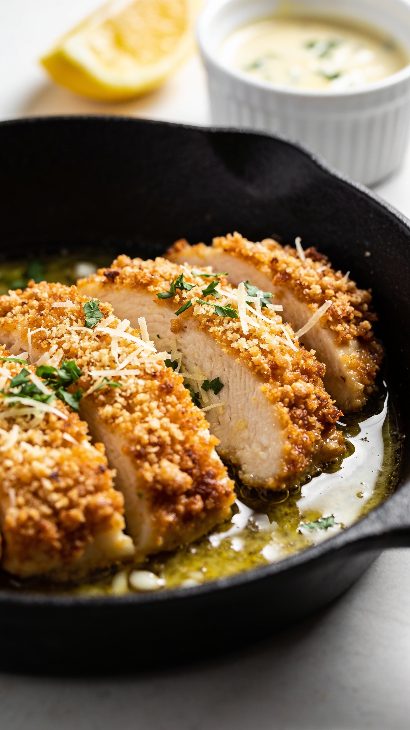 Extreme close-up hero shot of Parmesan Crusted Chicken cooked in a black cast-iron skillet: thin-sliced chicken breasts with a deeply golden, ultra-crispy Parmesan-breadcrumb crust, flecked with fresh parsley and micro-grated Parmesan, resting in a light shimmer of garlic-infused olive oil. The crust shows craggy, well-browned edges and tiny cheese bubbles fused to the breading. A lemon wedge and a small ramekin of creamy garlic-lemon pan sauce sit blurred in the background. Bright natural window light from the side, shallow depth of field, food filling 90–95% of the frame, premium food-blog styling, clean neutral backdrop, no text.