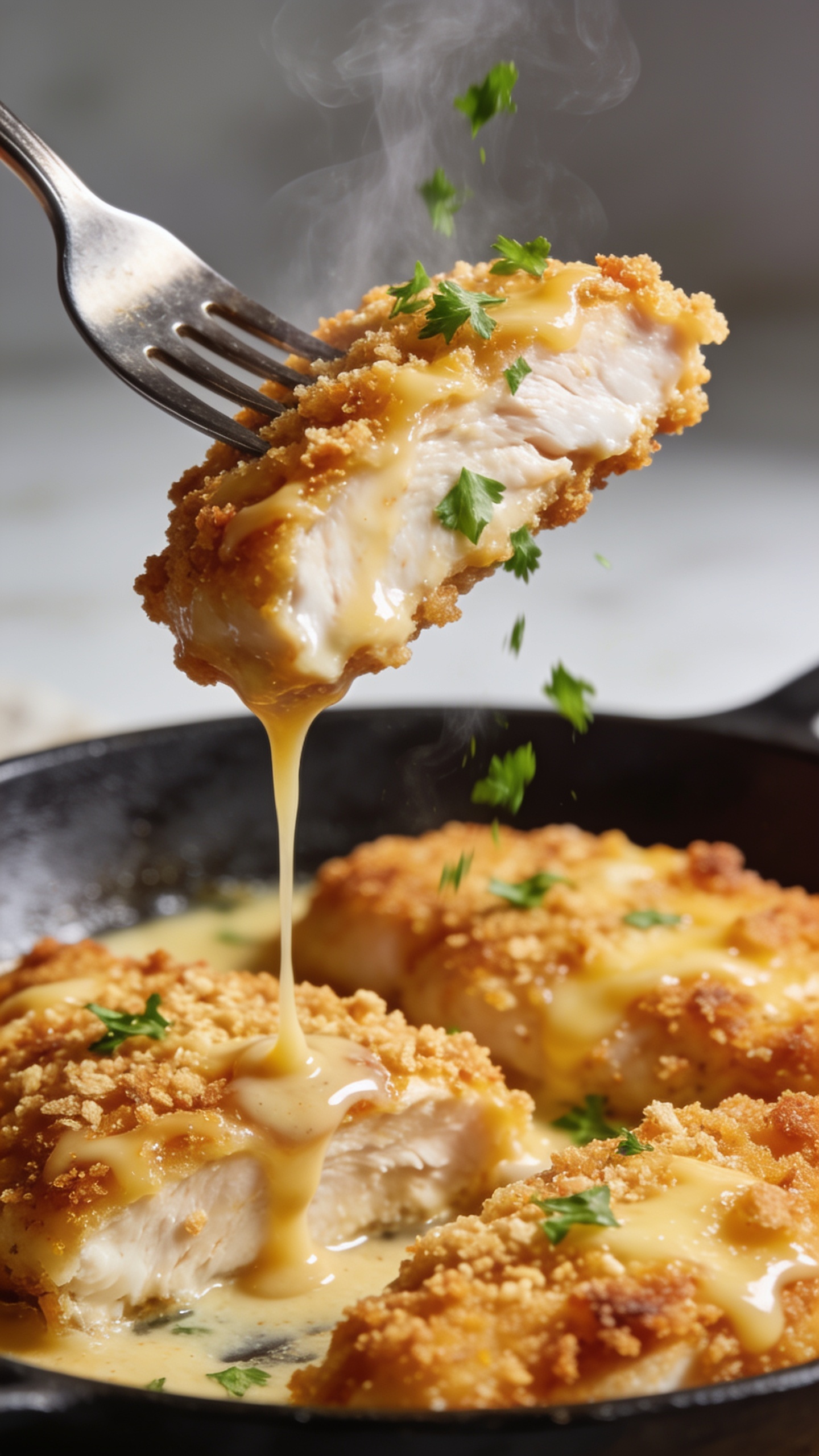 Dynamic action close-up: a fork lifting the perfect bite of Parmesan Crusted Chicken from the skillet, capturing the exact second before it reaches the mouth. The lifted piece shows a thick, golden, cheese-fused crust with visible crunchy crumbs and juicy white chicken inside, glistening with a light drizzle of pan sauce; a glossy ribbon of sauce slowly trails back to the skillet. Fresh parsley sprinkles are mid-fall over the bite, a wisp of steam rising. Bright natural light, shallow depth of field, 90–95% food in frame, no hands visible—only the fork and chicken, premium magazine-style drama.