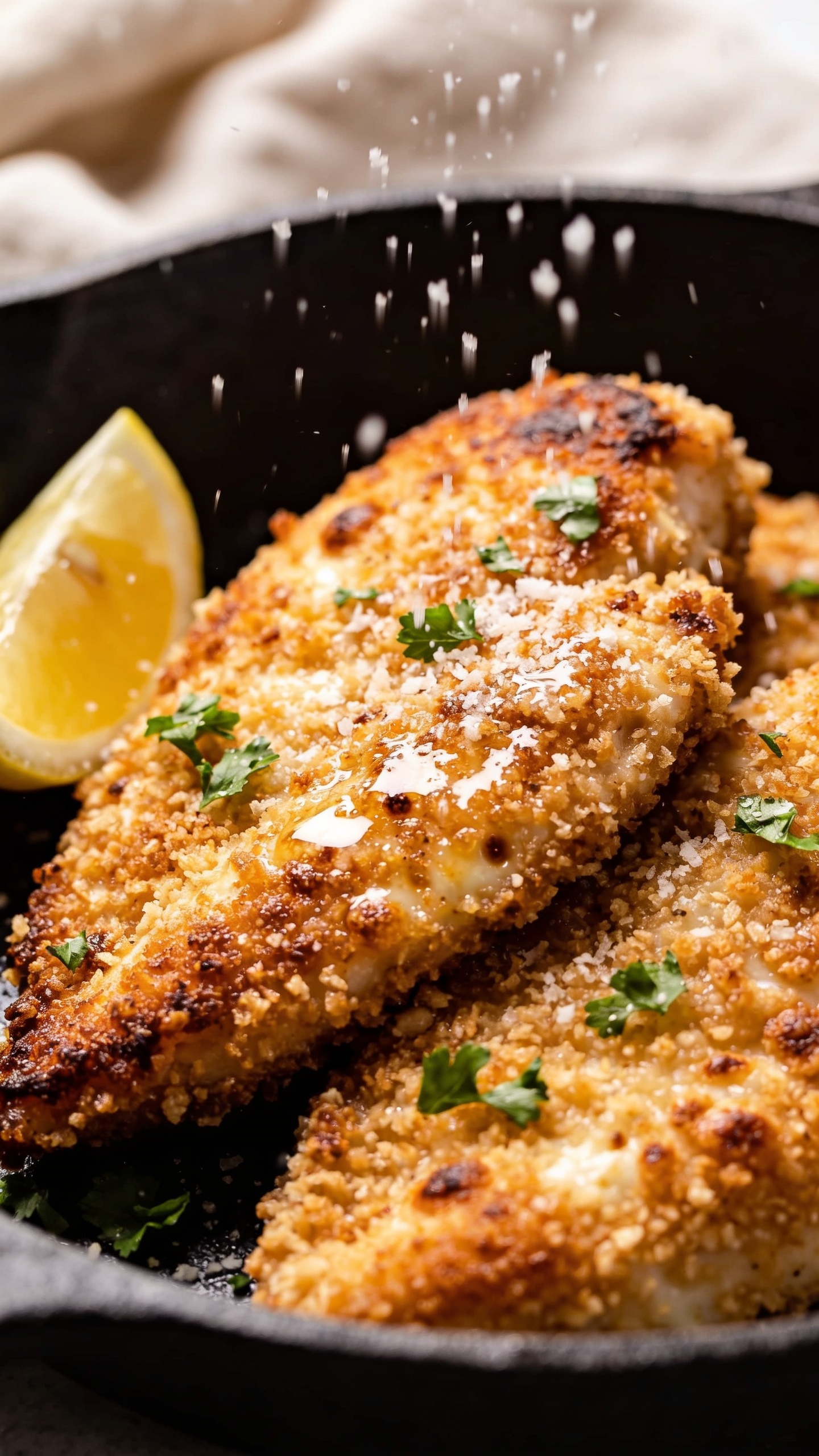 Ultra close-up angled shot of the same finished Parmesan Crusted Chicken in the cast-iron skillet: overlapping cutlets with deeply browned, crisped Parmesan-breadcrumb coating, tiny blistered cheese spots, and crunchy edges. A squeeze of lemon has just kissed the surface, leaving micro-beads of shine; scattered fresh parsley and a light snowfall of finely grated Parmesan add texture and color. Background softly blurred with a neutral linen. Bright natural light, shallow depth of field, 90–95% food filling the frame, rich textures and irresistible gloss, consistent with the same photo shoot.