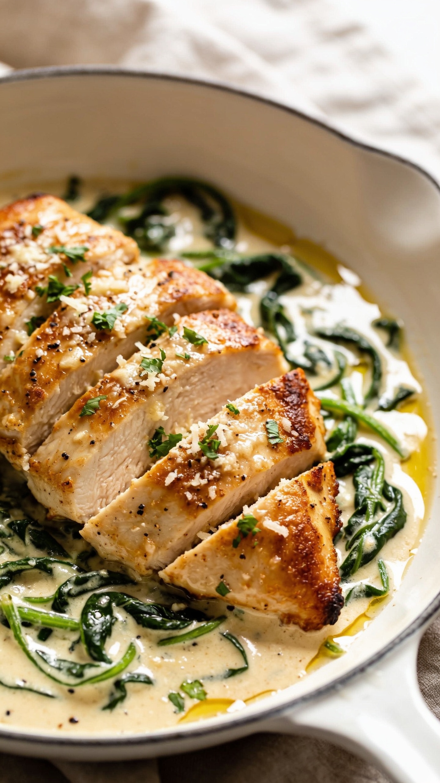 Ultra-close hero shot of Chicken with Creamy Garlic Spinach: golden pan-seared chicken breasts sliced to show juicy interior, nestled in a velvety, glossy garlic-Parmesan cream sauce with tender wilted spinach ribbons throughout; light parmesan speckles melting on top, micro-chopped parsley scattered for freshness, a subtle shimmer of olive oil, and cracked black pepper. Plated in a shallow white ceramic skillet-style dish with minimal rim, sauce pooling richly around the chicken. Bright natural side lighting, shallow depth of field focused on the chickenâs crispy edges and the sauceâs silky texture; background softly blurred with neutral linen. Food fills 90â95% of frame; no text, no hands, no extras.
