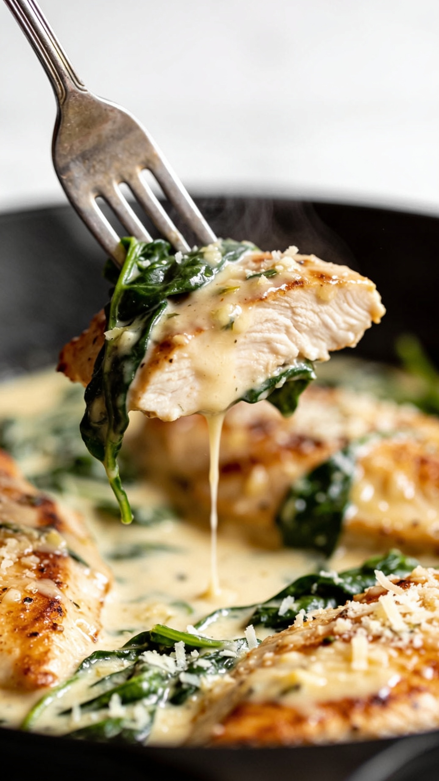 Dynamic action close-up capturing the single most irresistible bite: a fork lifting a perfect bite that includes a juicy slice of golden-seared chicken draped in glossy garlic-Parmesan cream sauce with a few strands of wilted spinach clinging to it, a thin ribbon of sauce slowly dripping back into the pan below. Visible steam rising subtly from the hot dish. The rest of the chicken and creamy spinach fill the background, blurred but luscious, with grated parmesan melting into the sauce. Bright natural lighting, shallow depth of field locked on the lifted bite and the drip; food dominates 90â95% of frame; only the fork tip visible, no hands.