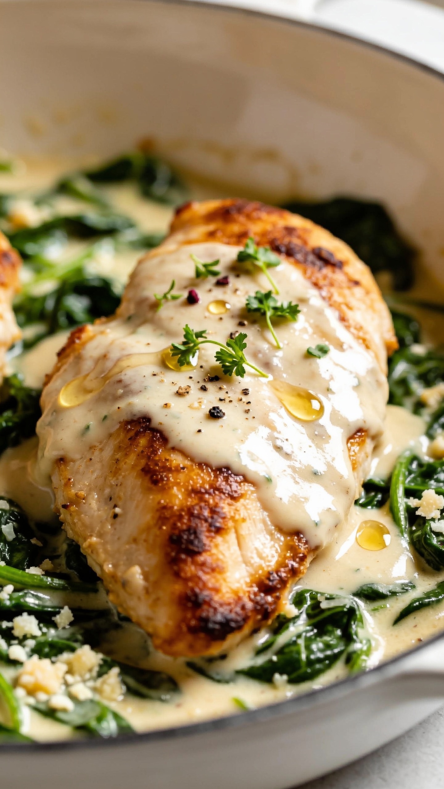 Extreme close-up from a slightly lower angle focusing on textures: crispy browned edge of the chicken breast front and center, glossy creamy garlic sauce pooling and catching light, tender spinach woven through, tiny parmesan flecks partially melted, micro parsley and a few fresh-cracked pepper flakes on top. A few golden butter droplets glisten on the surface. Shot in a shallow white skillet; bright natural light with soft shadows, ultra shallow depth of field emphasizing saucy sheen and juicy grain of the chicken. Food fills 90â95% of frame; cohesive styling matching the hero image; no hands, no text.