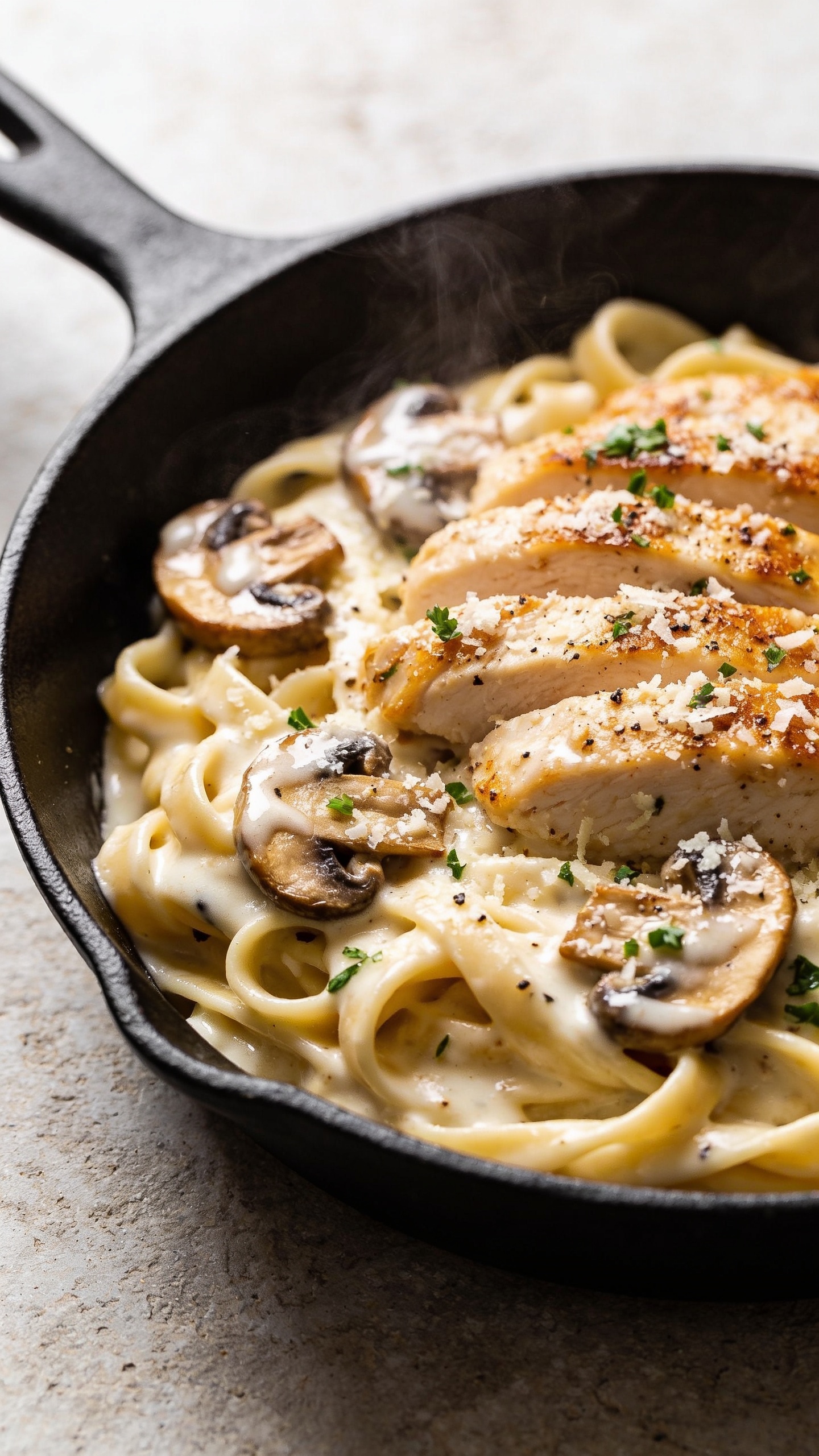 Ultra-close hero shot of Chicken and Mushroom Alfredo Skillet: tender seared chicken slices and golden-brown cremini mushrooms nestled in glossy, silky garlic-Parmesan Alfredo sauce over al dente fettuccine, sauce clinging to every ribbon; scattered freshly grated Parmesan and flecks of chopped parsley on top; a light sprinkle of cracked black pepper; steam subtly rising; served in a matte black skillet set on a neutral stone surface; bright natural side light, shallow depth of field, creamy whites and warm golden tones, food filling 90â95% of frame, premium food-blog styling, no text.
