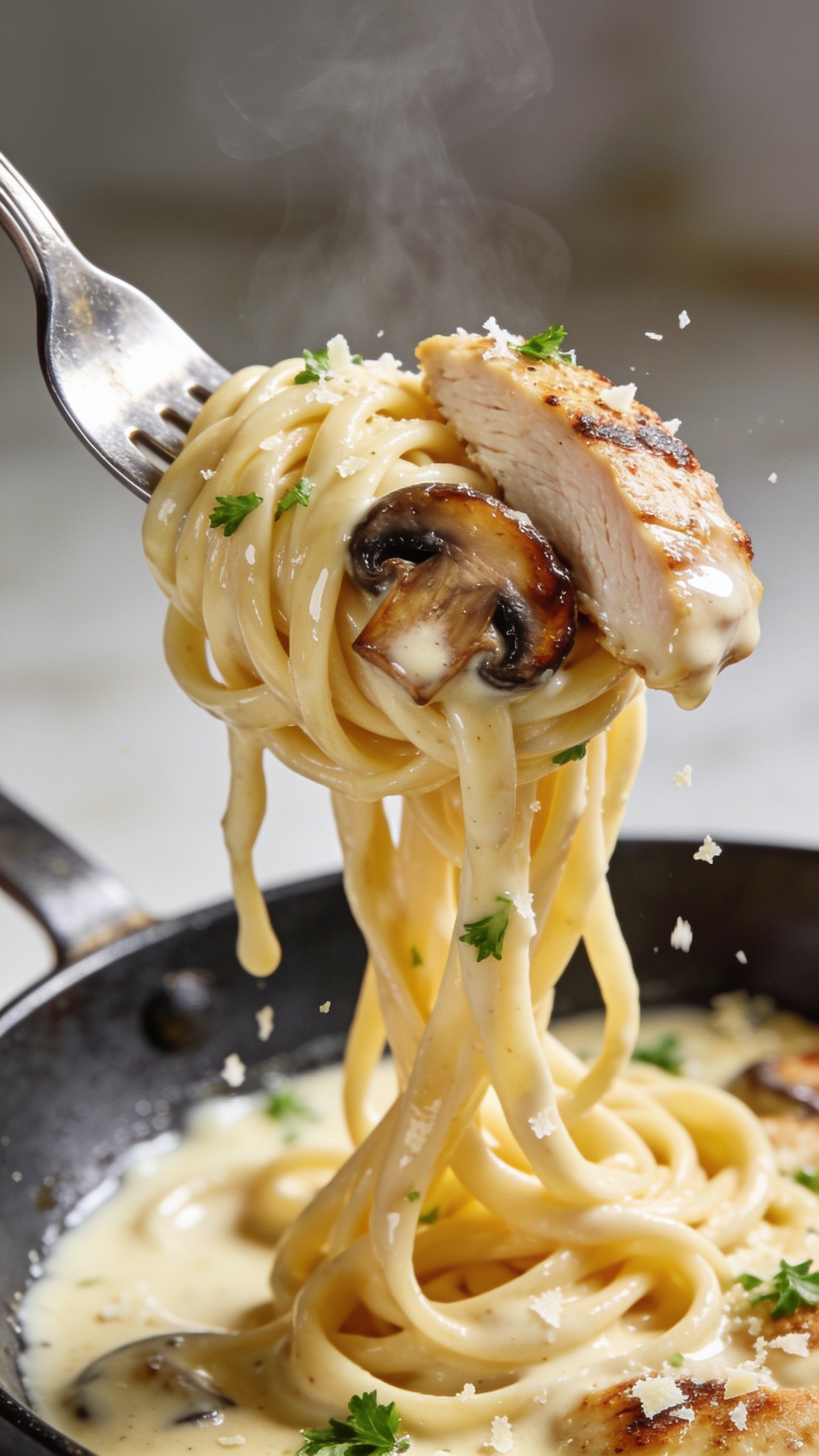 Dynamic action bite: a polished fork lifting the perfect twirl of fettuccine coated in glossy Alfredo, with a tender slice of seared chicken and a caramelized mushroom cap tucked into the tangle; strands of pasta trailing back to the skillet, sauce visibly creamy and clinging; tiny shards of Parmesan and parsley catching the light; faint steam rising; background softly blurred; bright natural lighting, extreme close-up, food filling 90â95% of the frame, no hands visible, premium magazine-style anticipation shot.