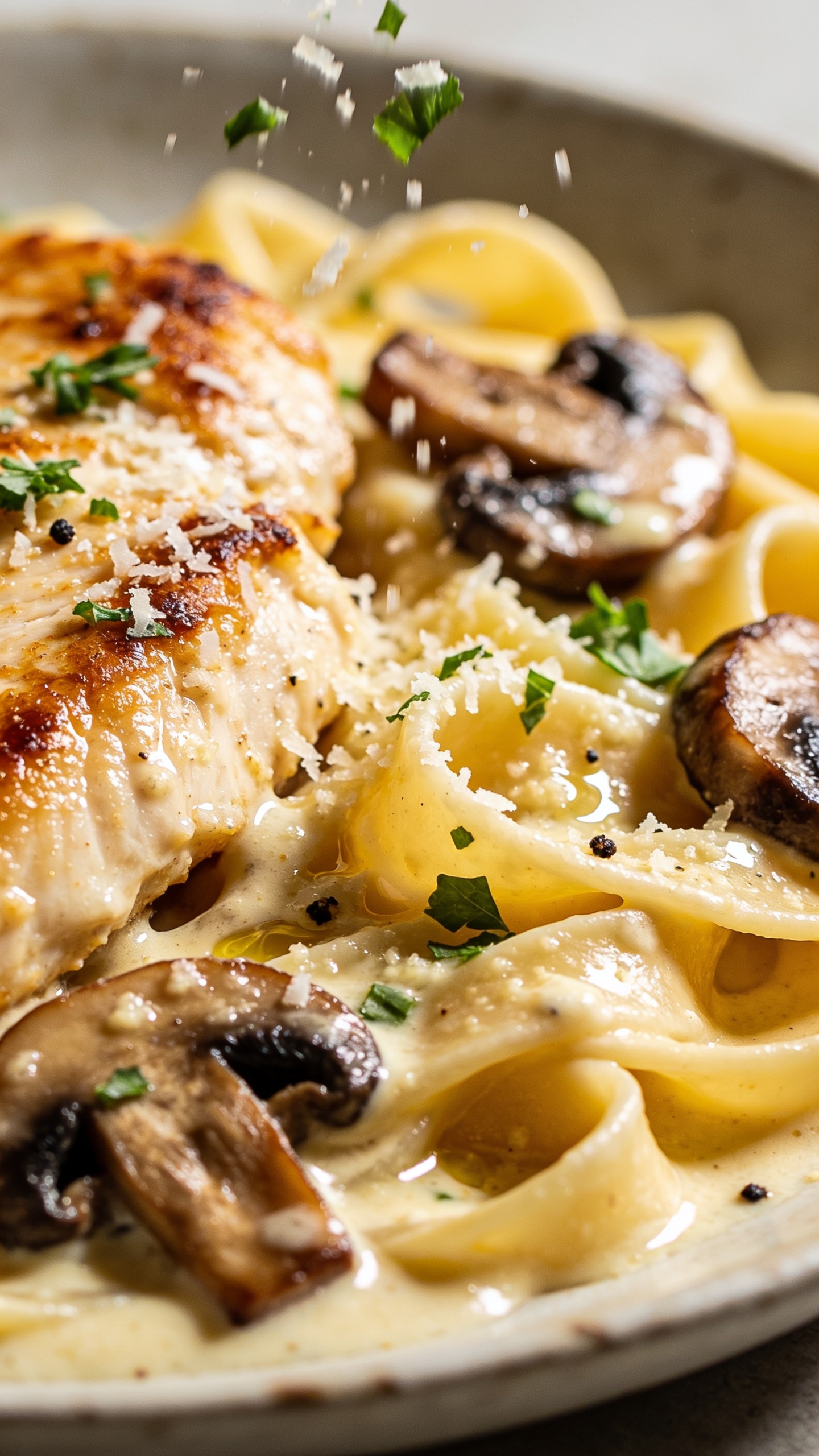 Macro close-up from a low angle: focus on the surface texturesâgolden seared edges on chicken, deeply browned cremini mushrooms, and ultra-lush garlic-Parmesan sauce pooling and glistening between fettuccine ribbons; finishing shower of micro-grated Parmesan and chopped parsley captured mid-fall; a few coarse black pepper flecks; warm highlights and creamy shadows; shallow depth of field, bright natural light, food filling 90â95% of frame, cohesive with the other images, no text.