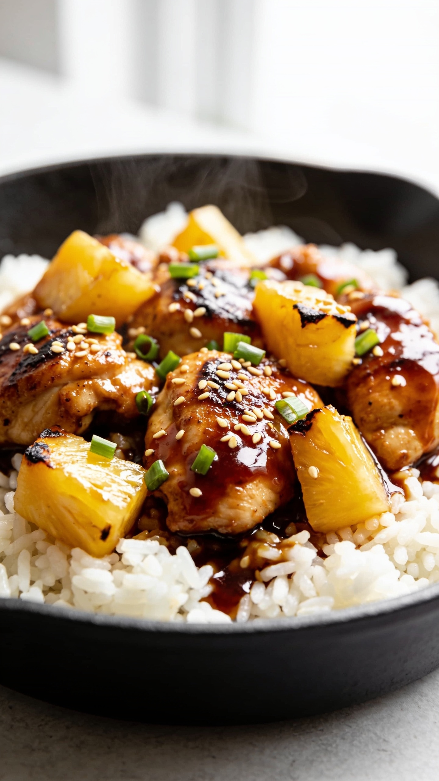Ultra close-up hero shot of Pineapple Teriyaki Chicken Skillet plated in a shallow matte-black bowl over a bed of fluffy white jasmine rice. Bite-size glazed chicken thighs with light char, caramelized pineapple chunks, and glossy, thick teriyaki sauce pooling and clinging to the pieces. Garnished with finely sliced green onions and a light sprinkle of toasted sesame seeds. A few charred edges on the pineapple, visible steam rising. Bright natural window light from the left, soft bounce on the right, shallow depth of field with only the front third in sharp focus. Vibrant golden pineapple, deep mahogany sauce, and fresh green pops. Food fills 90â95% of the frame, premium food-blog aesthetic, no text or hands.
