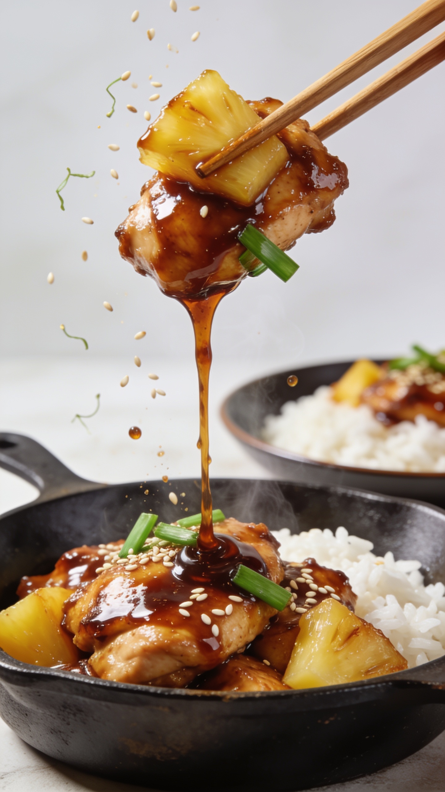 Dynamic action close-up: wooden chopsticks lifting the perfect biteâone glossy chicken thigh piece and a caramelized pineapple chunkâdripping with thick teriyaki glaze in a slow, glistening ribbon back toward the skillet bowl below. Sesame seeds and micro-splashes of sauce midair, a few green onion slices clinging to the chicken. Background shows the same plated bowl over white jasmine rice, softly blurred. Bright natural lighting, steam subtly rising, ultra shallow depth of field focused on the lifted bite. Rich textures, deep caramel sheen, golden pineapple, and vibrant greens. Food fills 90â95% of the frame, no hands, only chopsticks visible.