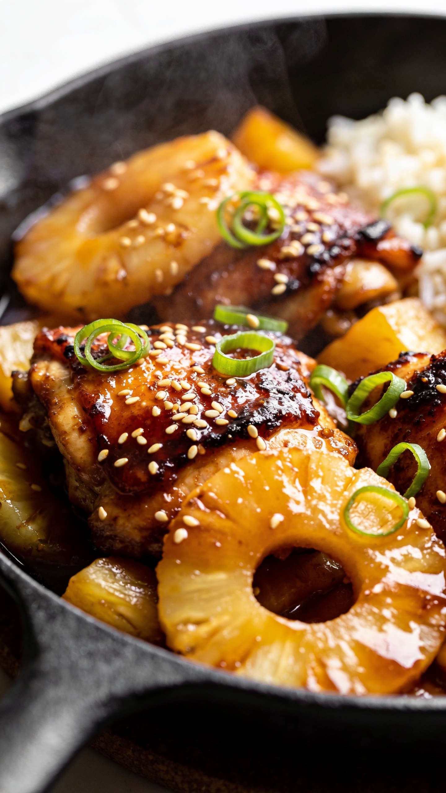 Extreme close-up from a 45-degree angle of the same finished dish nestled in a cast-iron skillet: lacquered chicken thigh pieces nestled among caramelized pineapple rings and chunks, sauce glistening in thick highlights along crispy edges. Light scattering of toasted sesame seeds and fresh green onion curls on top. A few grains of jasmine rice peeking in at the edge of the frame for context. Natural side light emphasizes sticky gloss and char; shallow depth of field with the front cluster razor-sharp and background buttery-soft. Food fills 90â95% of frame, vibrant, steamy, and irresistibly saucy.