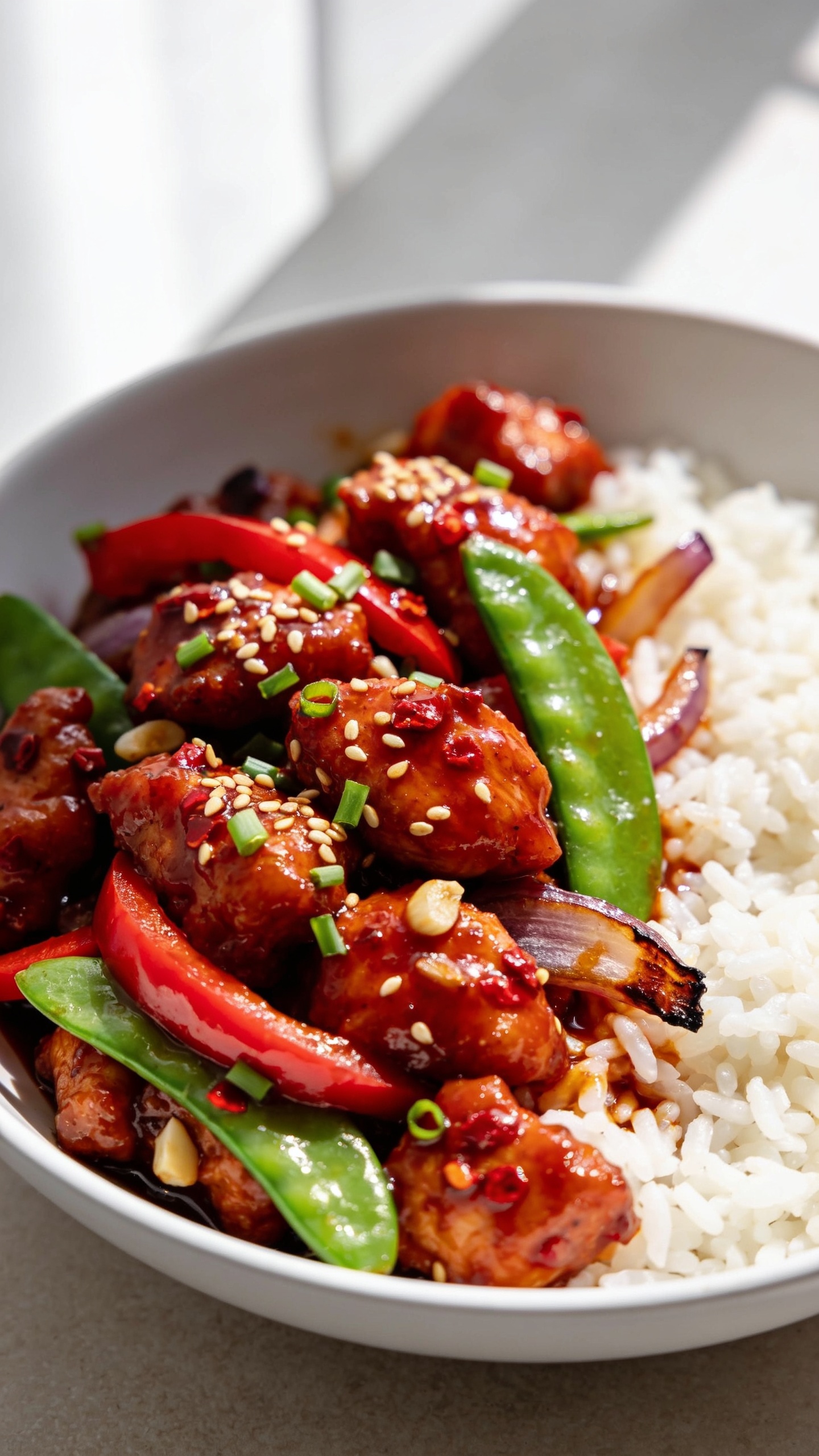Ultra-close hero shot of Sweet Chili Chicken Skillet plated in a shallow white bowl: glossy, caramelized bite-size chicken pieces lacquered in ruby-red sweet chili sauce with visible chile flakes and garlic, nestled with crisp-tender red bell pepper strips, bright green snap peas, and charred edges on onions; sprinkled with toasted sesame seeds and finely sliced scallions; served over fluffy white jasmine rice barely peeking through; sticky sauce pooling and clinging to grains; bright natural window light from the left, gentle shadows on the right; shallow depth of field with the frontmost chicken glistening in sharp focus; vibrant reds and greens popping against a clean, neutral tabletop; premium food-blog styling, no text, no hands, food filling 90â95% of frame.