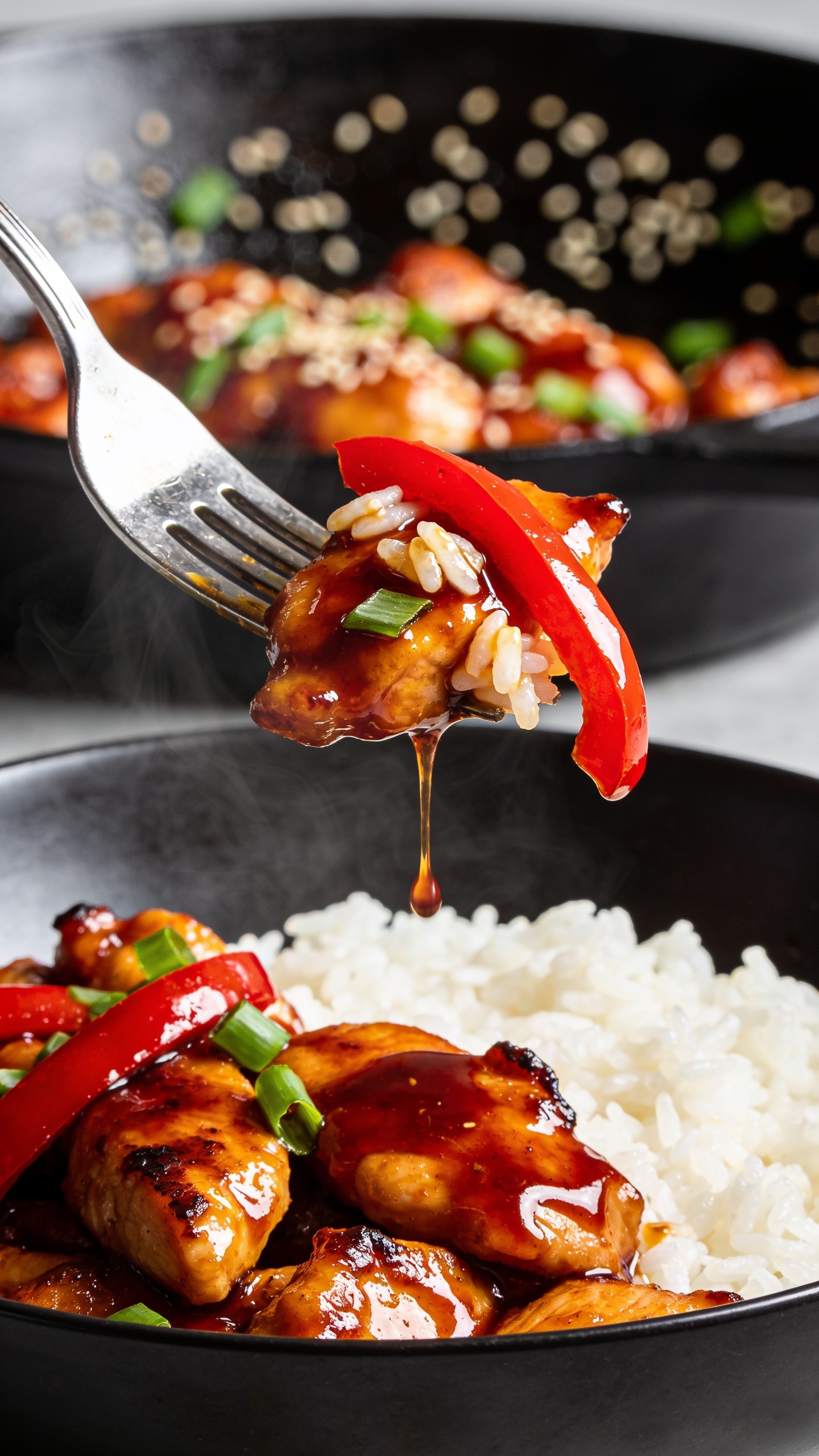 Dynamic action close-up capturing the irresistible bite: a fork lifting a perfect glossy piece of sweet chili chicken with a strip of red bell pepper and a few jasmine rice grains clinging, a slow drip of sticky sweet chili sauce suspended mid-fall back toward the bowl; steam rising subtly; background shows the same skillet bowl blurred with sesame seeds and scallions scattered; bright natural lighting, shallow depth of field, high contrast on sheen and caramelized edges; vibrant reds, greens, and white rice; no hands visible, only the utensil tip; food dominates 90â95% of frame, magazine-cover anticipation one second before the bite.