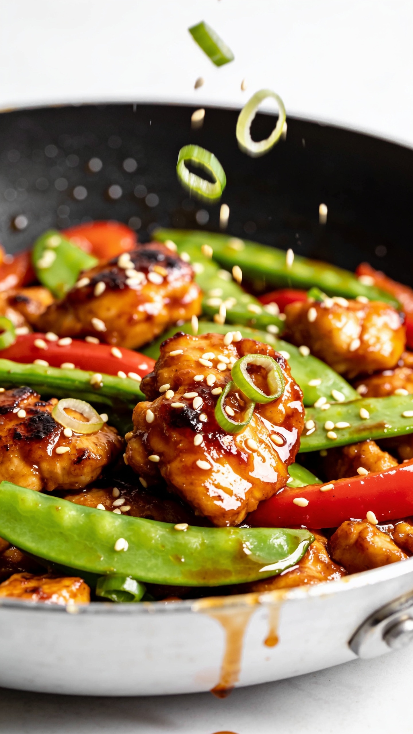 Macro close-up from a low 3/4 angle of the same finished Sweet Chili Chicken Skillet in the pan: saucy, caramelized chicken pieces with slight char, glossy sweet chili glaze catching light, crisp-tender snap peas and red bell peppers layered throughout; a fresh sprinkle of sesame seeds and thin scallion rings âcaughtâ mid-air falling onto the dish; tiny bubbles of sauce at the pan edge, sticky glaze pooling in lacquered streaks; bright natural light raking across from the right, shallow depth of field isolating front cluster of chicken; rich color saturation, clean minimal background, food filling 90â95% of frame, consistent styling with the other images.