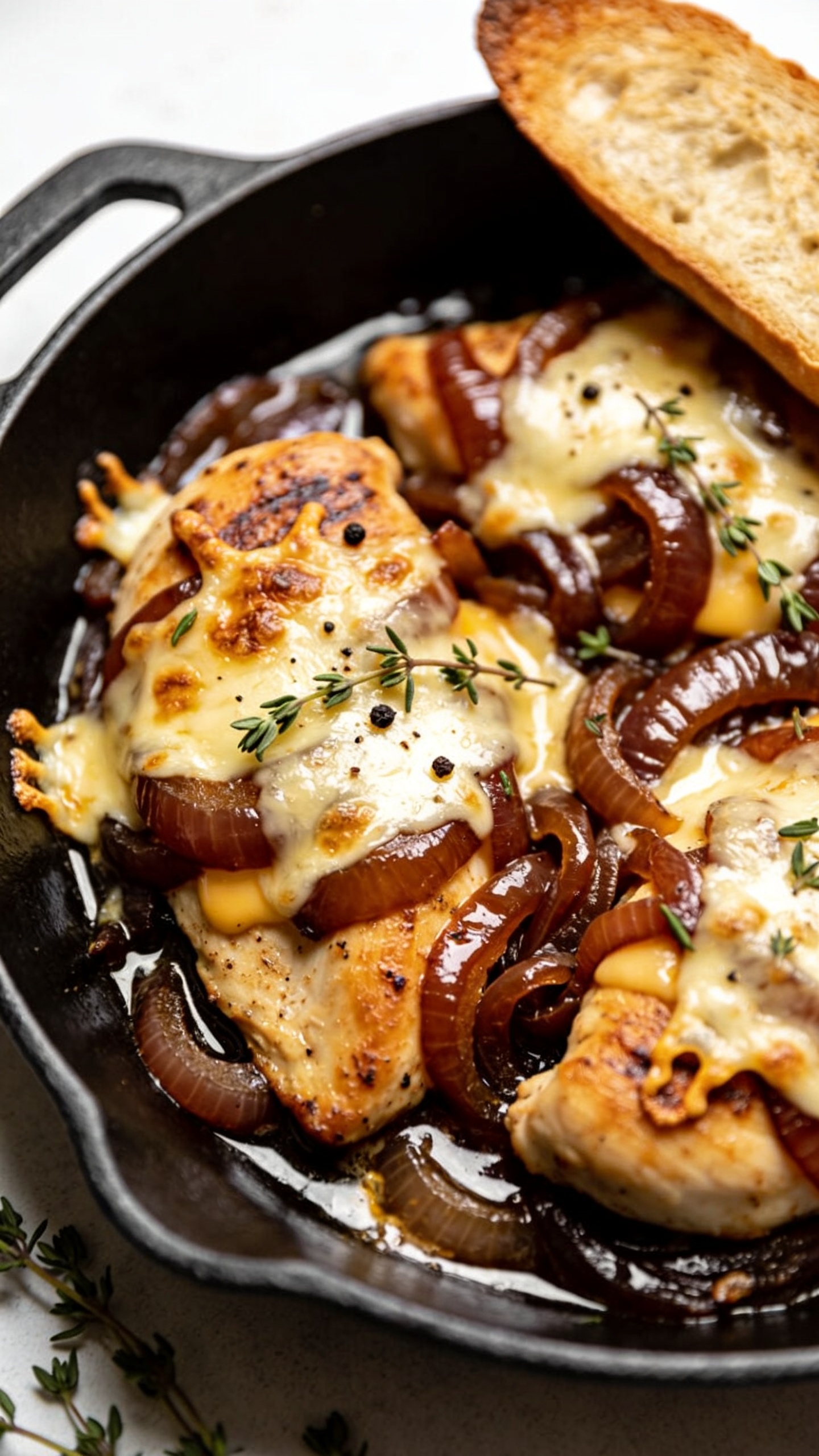 Ultra-close hero shot of French Onion Chicken Skillet: golden seared chicken breasts nestled in a black cast-iron skillet, smothered with deeply caramelized, glossy mahogany-brown onions and blanketed in melted Gruyère and Swiss cheese with bubbly, lightly blistered edges; a few broiled cheese frills crisp at the rim, pan juices glisten around the chicken; scattered fresh thyme leaves and a few cracked black pepper flecks on top; a toasted baguette slice tucked at the edge for context but out of focus; bright natural side light, shallow depth of field, rich warm tones, 90â95% of frame filled with the cheesy, onion-laced chicken, premium food-blog styling.