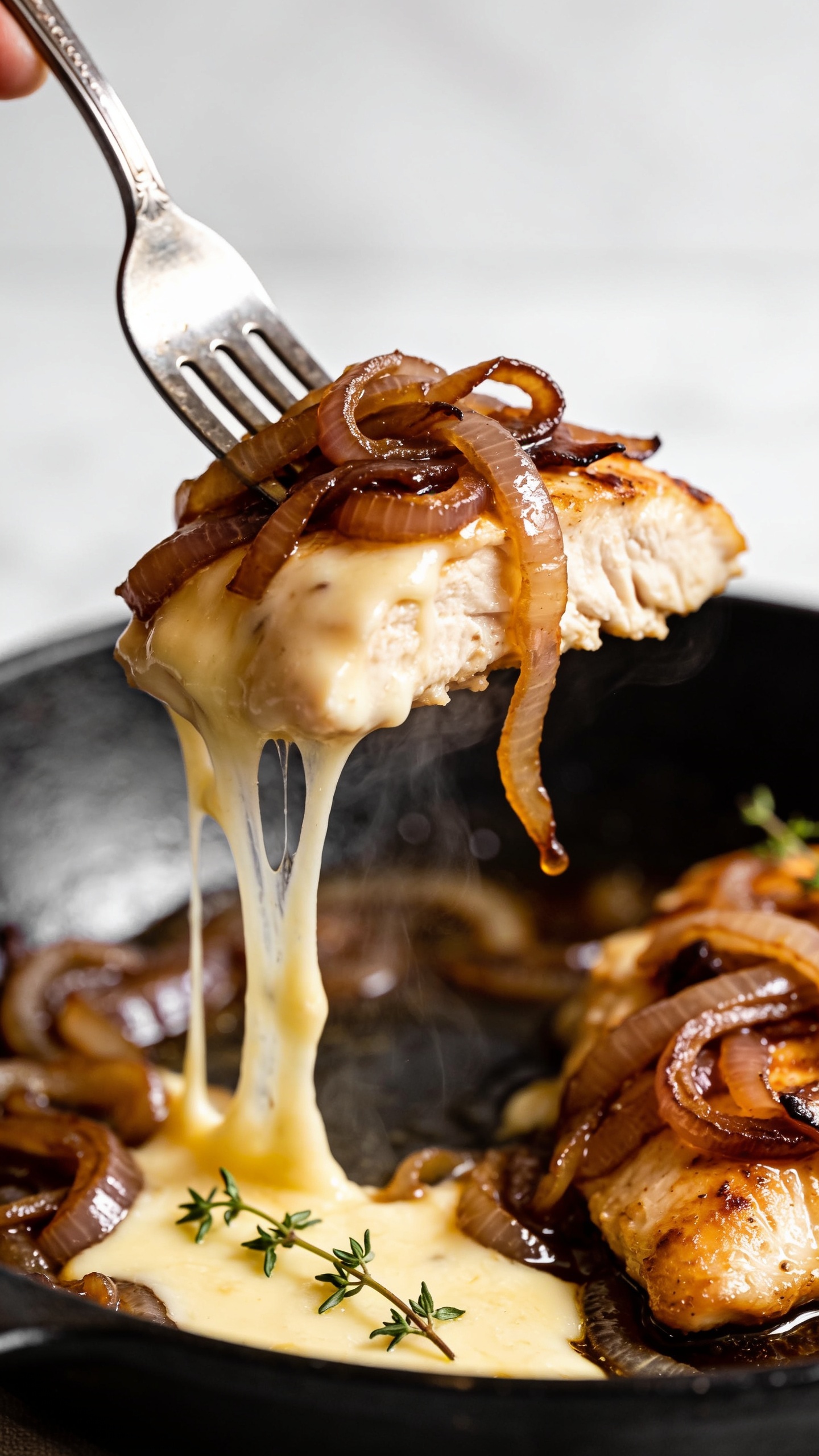 Dynamic action close-up: a fork lifting the perfect bite of French Onion Chicken from the skilletâjuicy slice of chicken topped with strands of deeply caramelized onions as molten Gruyère stretches in long gooey threads from the skillet to the fork; steam visibly rising; glossy pan juices cling to the onions; only the fork tip is visible, no hands; fresh thyme leaves scattered on the cheese below; bright natural lighting, shallow depth of field with the lifted bite in crisp focus, background skillet softly blurred, 90â95% frame filled to create an anticipatory, magazine-cover moment.