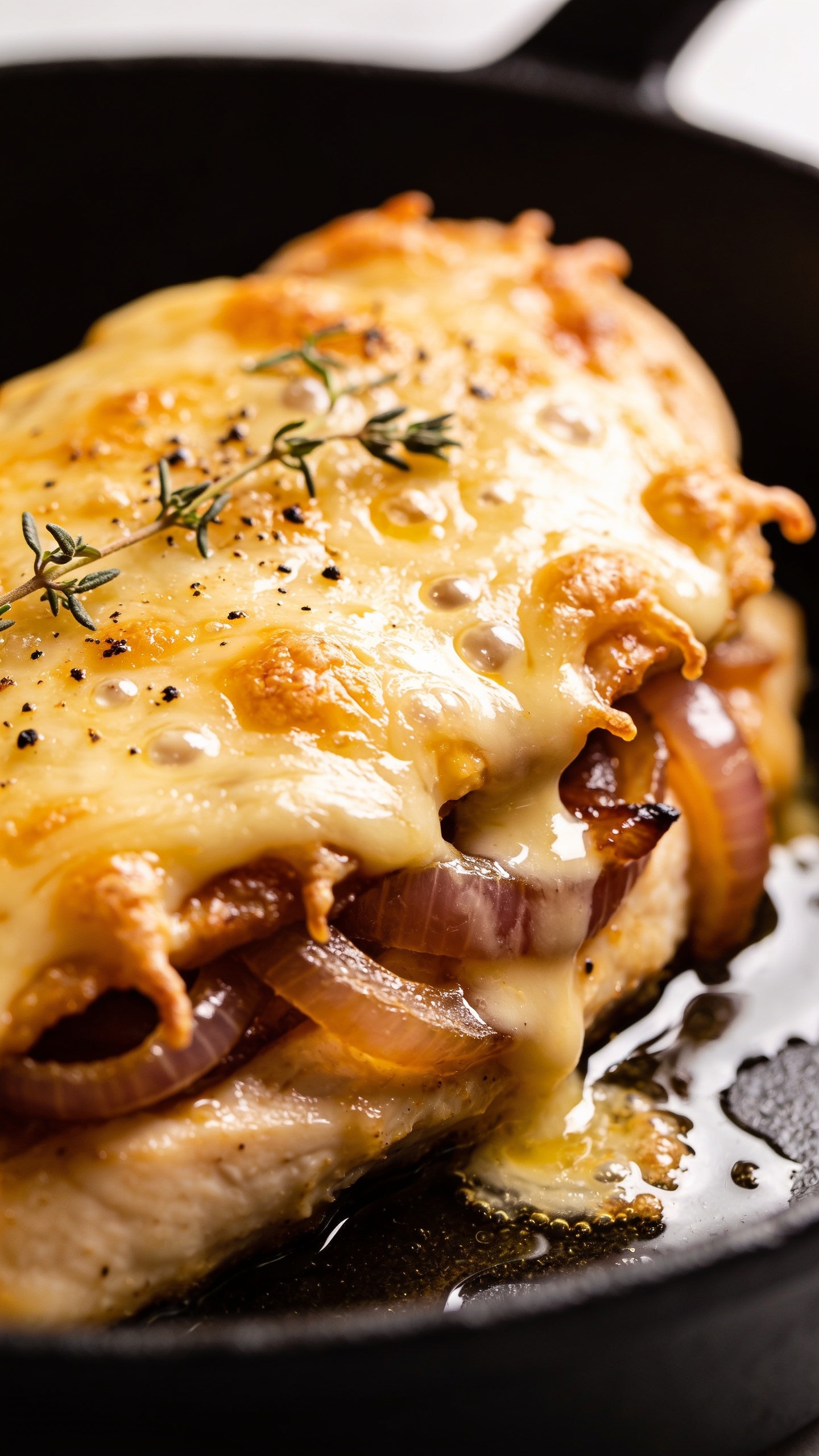 Extreme close-up angle from skillet level: focus on one chicken breast crowned with a luxurious layer of caramelized onions under a thick, oozy blanket of golden, slightly browned Gruyère; tiny cheese bubbles and crisped frills at the edges, glazed onions peeking through, a few thyme leaves and micro-gratings of black pepper on top; a sheen of savory broth pooling at the base reflecting light; warm, inviting color palette, bright natural side light, shallow depth of field, 90â95% of frame dominated by the cheesy, onion-slick surface for maximum texture and craveability.