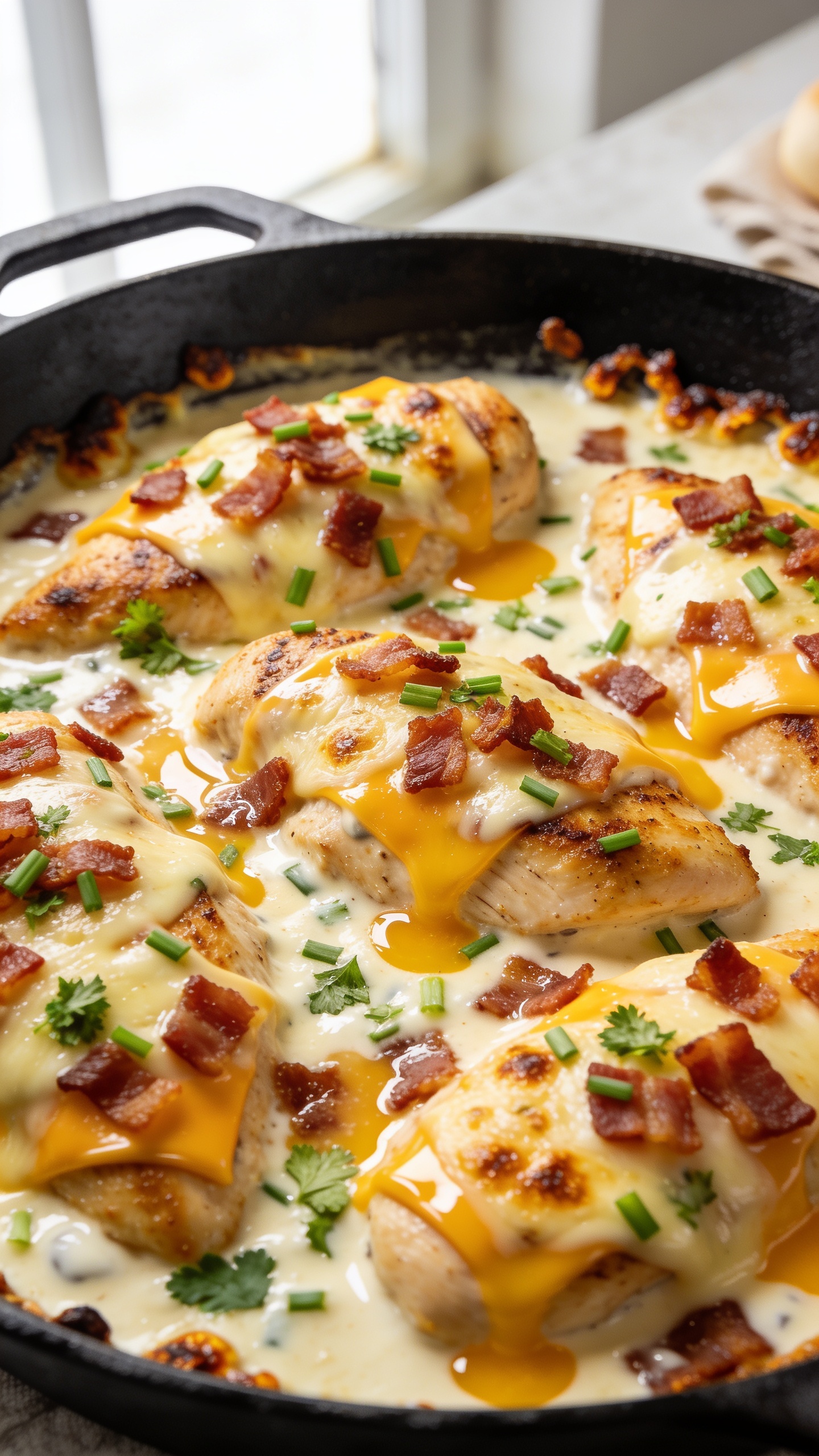 Ultra-close hero shot of Million Dollar Chicken Skillet in a black cast-iron skillet, filling 90â95% of the frame: golden seared chicken breast pieces nestled in a luscious creamy sauce made from cream cheese and mayo, generously blanketed with melted, slightly blistered mozzarella and sharp cheddar, crispy bacon crumbles scattered over the top, finely chopped fresh chives and parsley sprinkled for a pop of green, and a few glossy browned edges peeking through. Capture gooey cheese pools, creamy sauce glistening on the chicken, and caramelized bits around the rim. Bright natural window light from the left, shallow depth of field with the front third tack-sharp, background softly blurred, premium food-blog styling with minimal neutral props at the extreme edge of the frame.