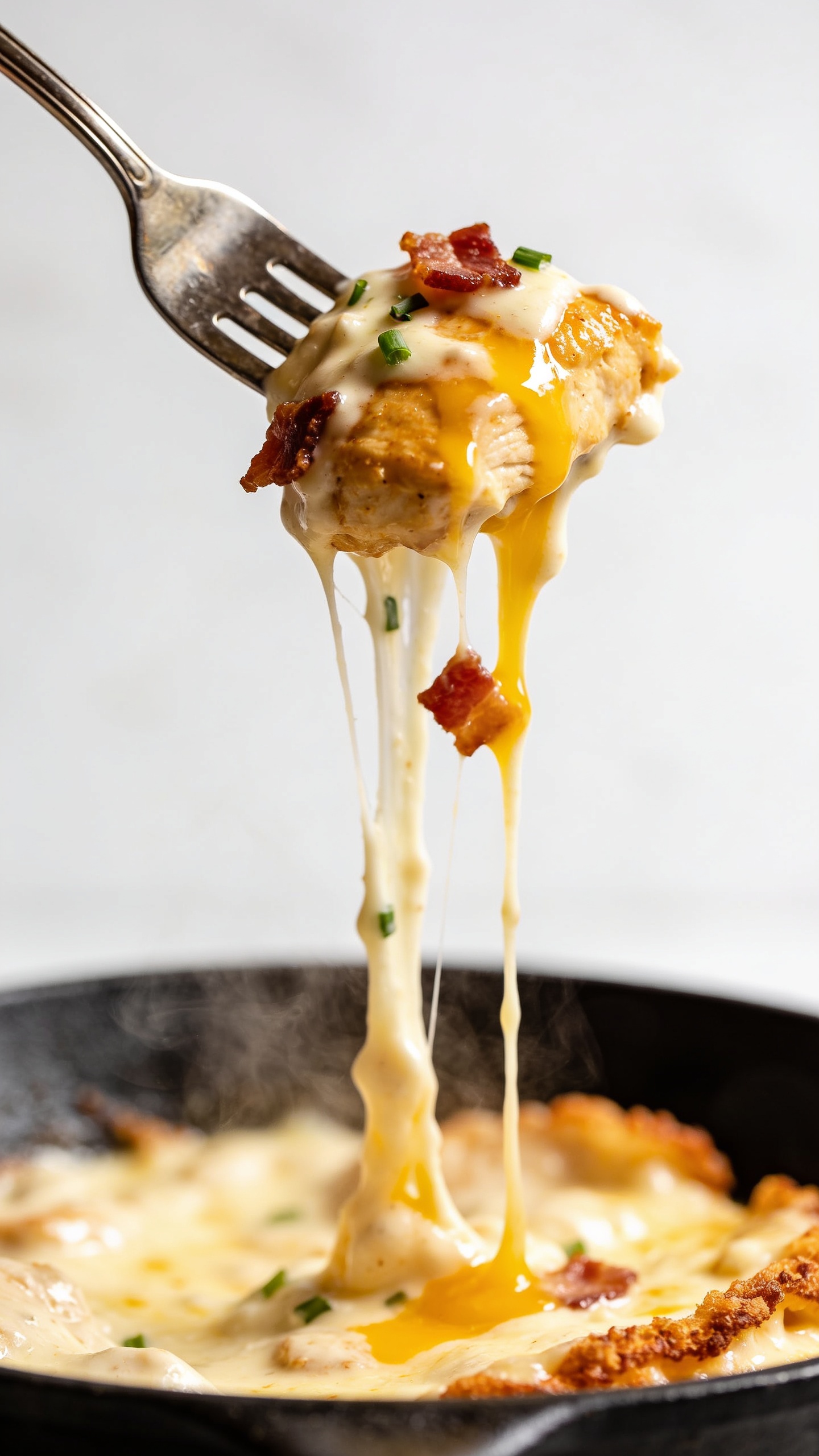 Dynamic action close-up: a polished dinner fork lifting the perfect bite from the same skilletâone juicy chunk of golden chicken coated in silky cream-cheese-mayo sauce with melted mozzarella and cheddar stretching in long glossy strands back to the pan, a few bacon crumbles and flecks of chives clinging to the bite. Steam rises subtly from the hot skillet, sauce glistens, and cheese pull is the star. Food fills 90â95% of the frame, no hands visible, bright natural light, shallow depth of field isolating the bite while the skillet below blurs into creamy, cheesy textures and crispy edges.
