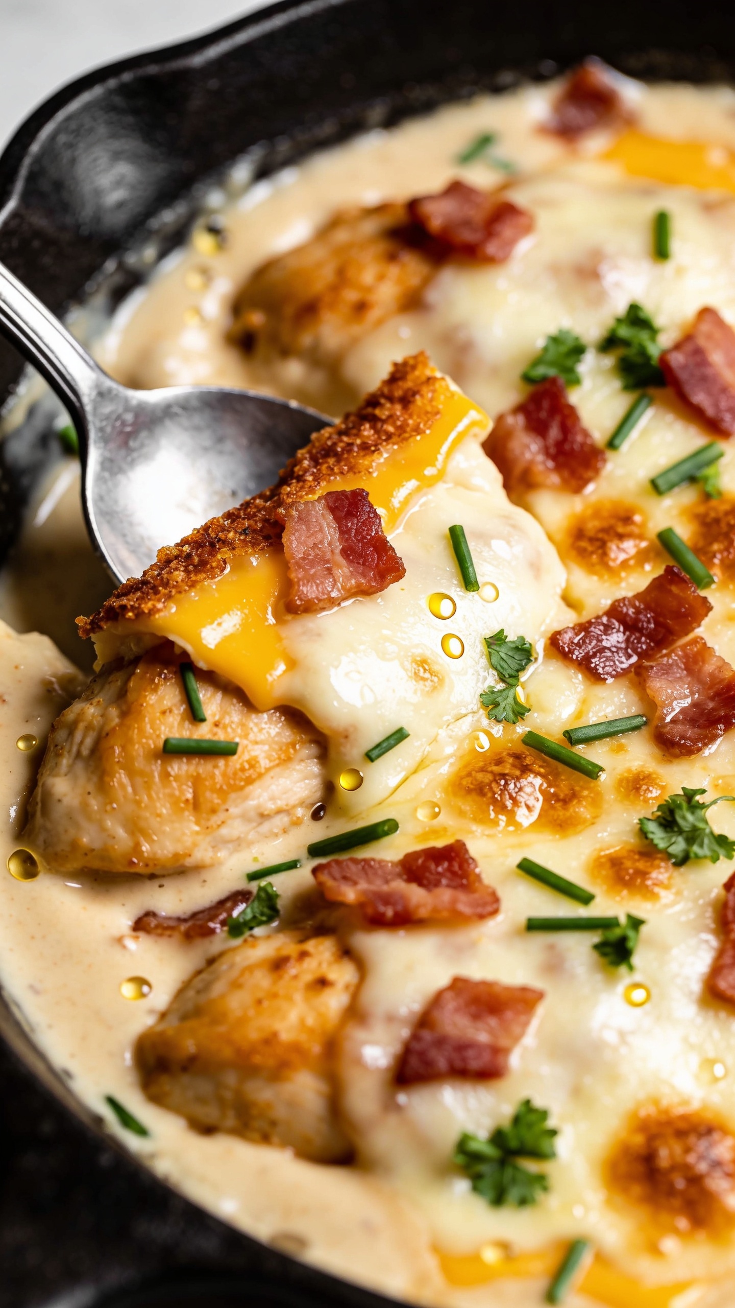 Tight overhead three-quarter macro of a spooned section in the same cast-iron skillet, emphasizing textures: thick, glossy cream sauce puddling around golden chicken pieces, crispy bacon shards scattered, melted mozzarella and cheddar forming bubbly, lightly browned patches, fresh chives and parsley sprinkled just before shooting. Focus on the intersection where a crispy cheese edge meets the creamy center, with tiny oil glints and sauce sheen visible. Bright natural lighting, shallow DOF, minimal neutral backdrop, food filling 90â95% of the frame to highlight juicy chicken, glossy sauce, and crisp-cheesy edges.