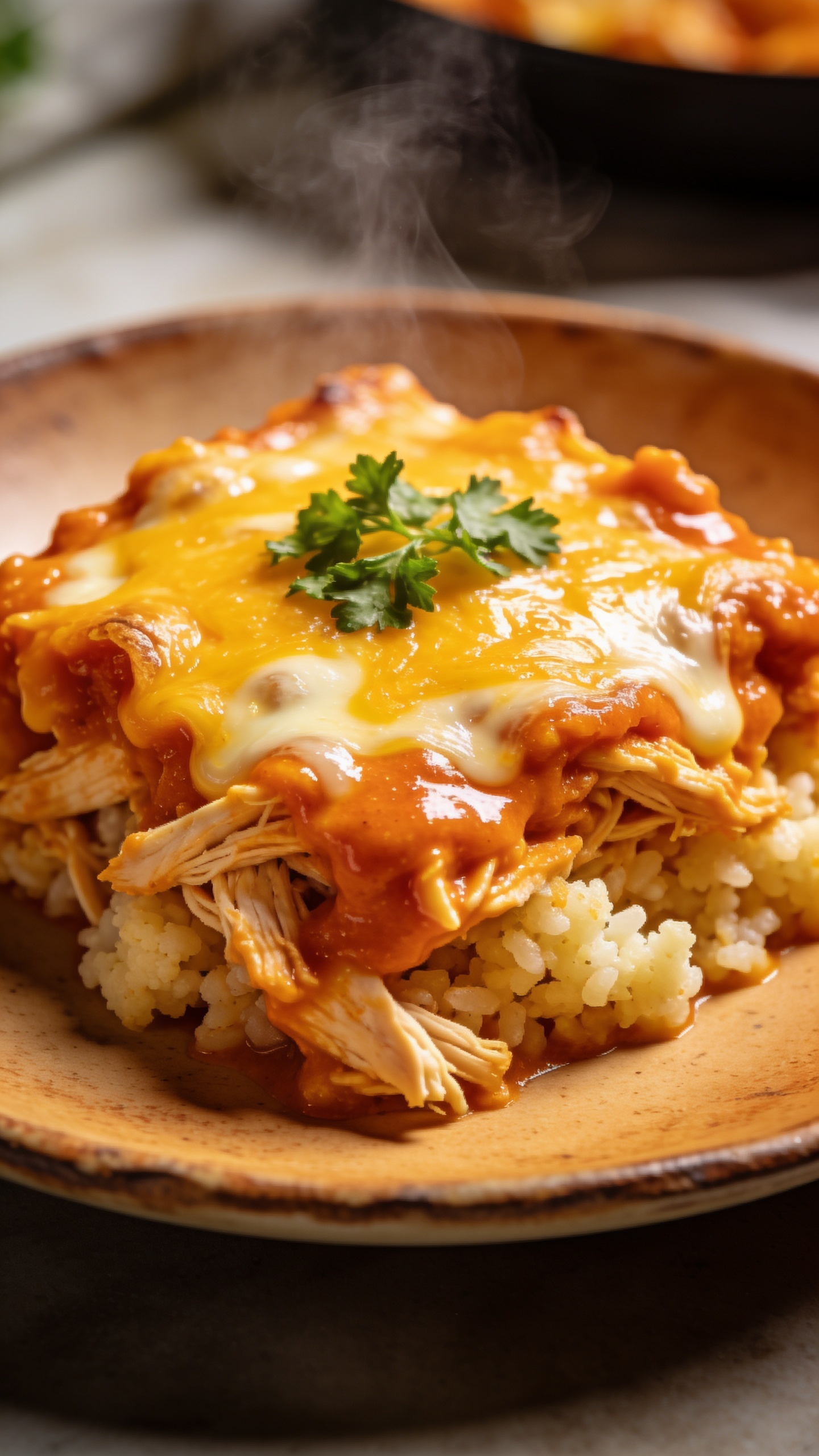 A stunning hero image of the finished High Protein Buffalo Chicken Casserole plated on a warm, rustic dish. The casserole sits centerstage with melted cheddar and mozzarella bubbling at the edges, vibrant buffalo-orange sauce glossy over the shredded chicken and cauliflower rice, a light sprinkle of fresh herbs (parsley) on top. Bright natural light, shallow depth of field, rich textures, crisp edges, and a slight steam lift to imply just-out-of-the-oven warmth. The finished casserole fills 90–95% of the frame and the background is softly blurred for a premium food-photography look.