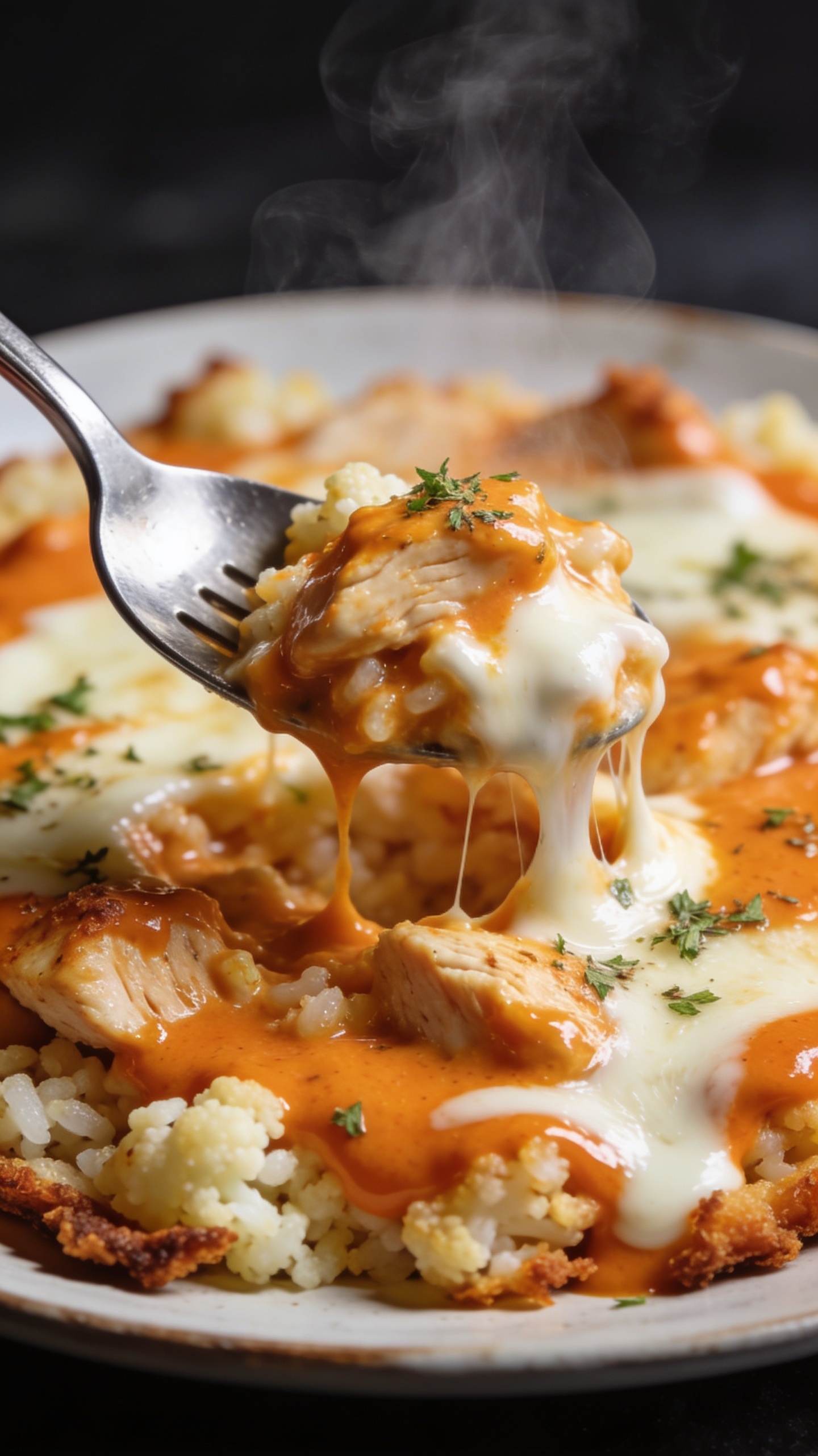 A dynamic close-up capturing the exact moment a fork lifts the perfect bite from the casserole. The fork enters from the lower left, a juicy spoonful of creamy cheese, chicken, and cauliflower rice with a glossy buffalo sauce coating the bite. The cheese stretches slightly as it lifts, steam wisps rising, herbs dusted on top, and intense color contrast between the orange sauce and white cheese. The image is ultra-close, 90–95% food, natural light, shallow depth of field, no hands visible, and the plate’s textures and crispy edges are emphasized for crave-worthy appeal.