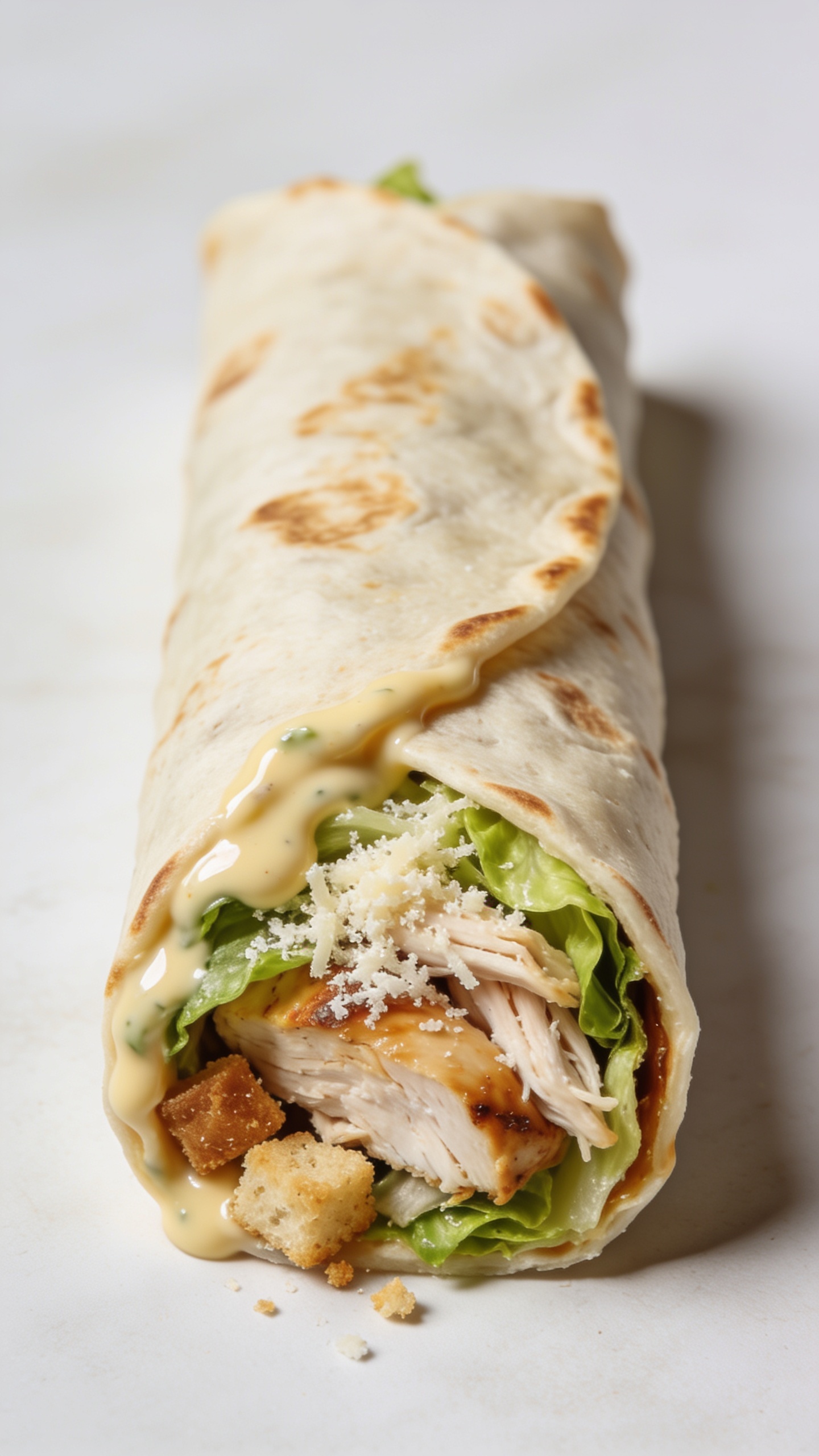 A hyper-detailed hero shot of the finished High Protein Rotisserie Chicken Caesar Wrap on a clean surface, perfectly wrapped with visible but neatly tucked tortilla edges, glossy Caesar dressing peeking from the fold, shredded rotisserie chicken, crisp romaine, grated Parmesan, and a few crushed croutons visible at the cut end; bright natural light, shallow depth of field, ultra-rich textures, no people, the focus on the wrap itself as the centerpiece.