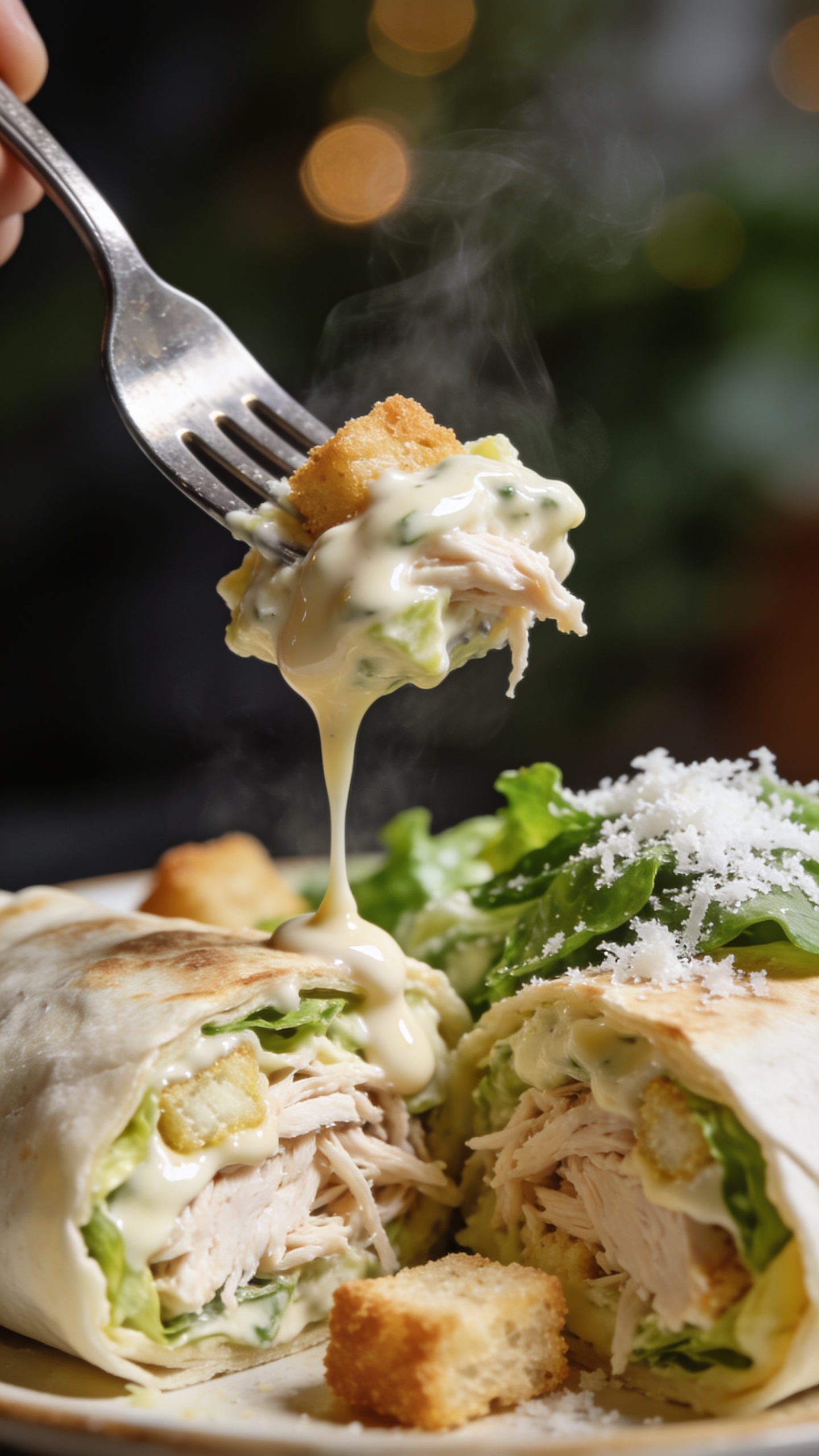 The most irresistible bite moment: a fork lifting a bite-sized portion from the wrap, the creamy Caesar filling and shredded chicken in clear view, a glossy drizzle of dressing clinging to the fork, steam barely rising, crouton crunch hints, vibrant greens and Parmesan snow on top; extreme close-up, 90–95% frame filled with food, natural lighting, bokeh background, no hands or faces.