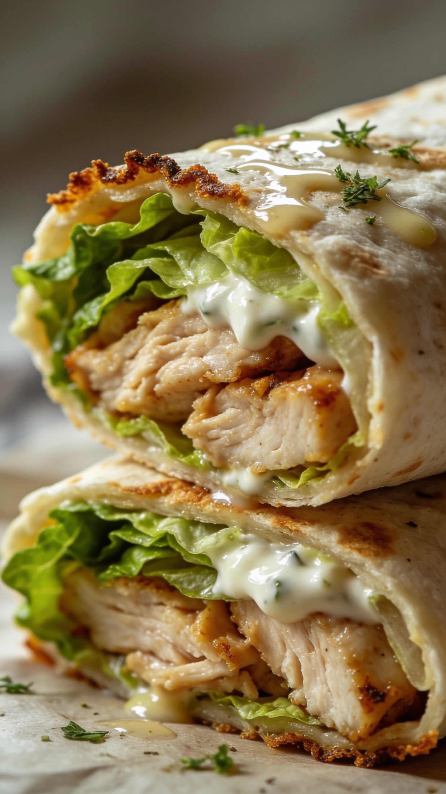 Close-up action angle from a slightly lower perspective: a torqued cut reveals the inner layers of the wrap with juicy chicken, romaine, and creamy dressing, a thin film of dressing glistening on the tortilla surface, herbs lightly sprinkled, crispy edge texture visible, rich colors and textures, shallow depth of field, no text or people, food occupying the majority of the frame.