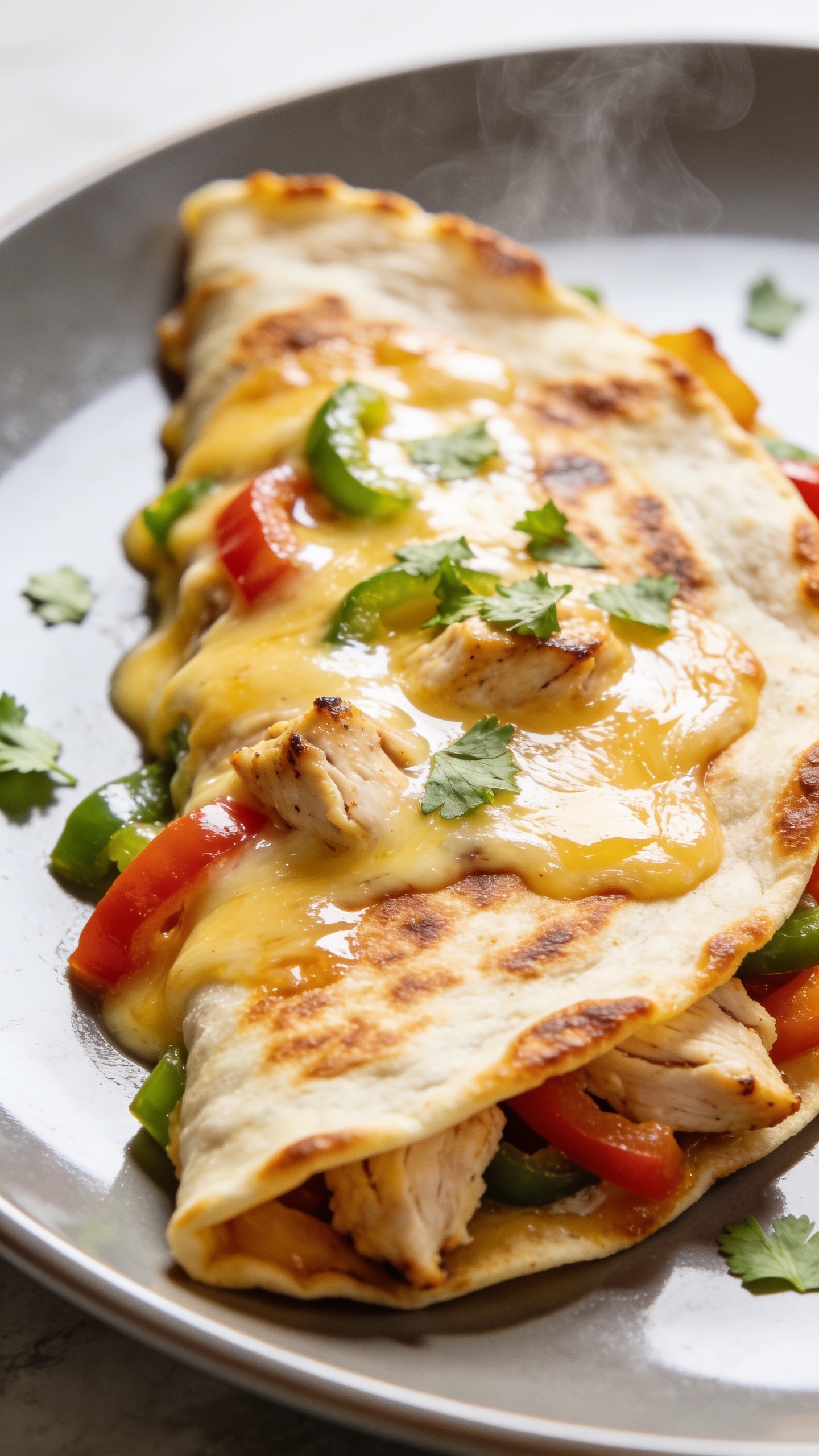 A stunning hero shot of the finished high-protein rotisserie chicken quesadillas on a sleek plate, cheese melted to a glossy finish, vibrant peppers and cilantro visible, golden-brown tortilla edges crisp, steam subtly rising, bright natural light, shallow depth of field, no people, the whole dish occupying 90–95% of the frame.