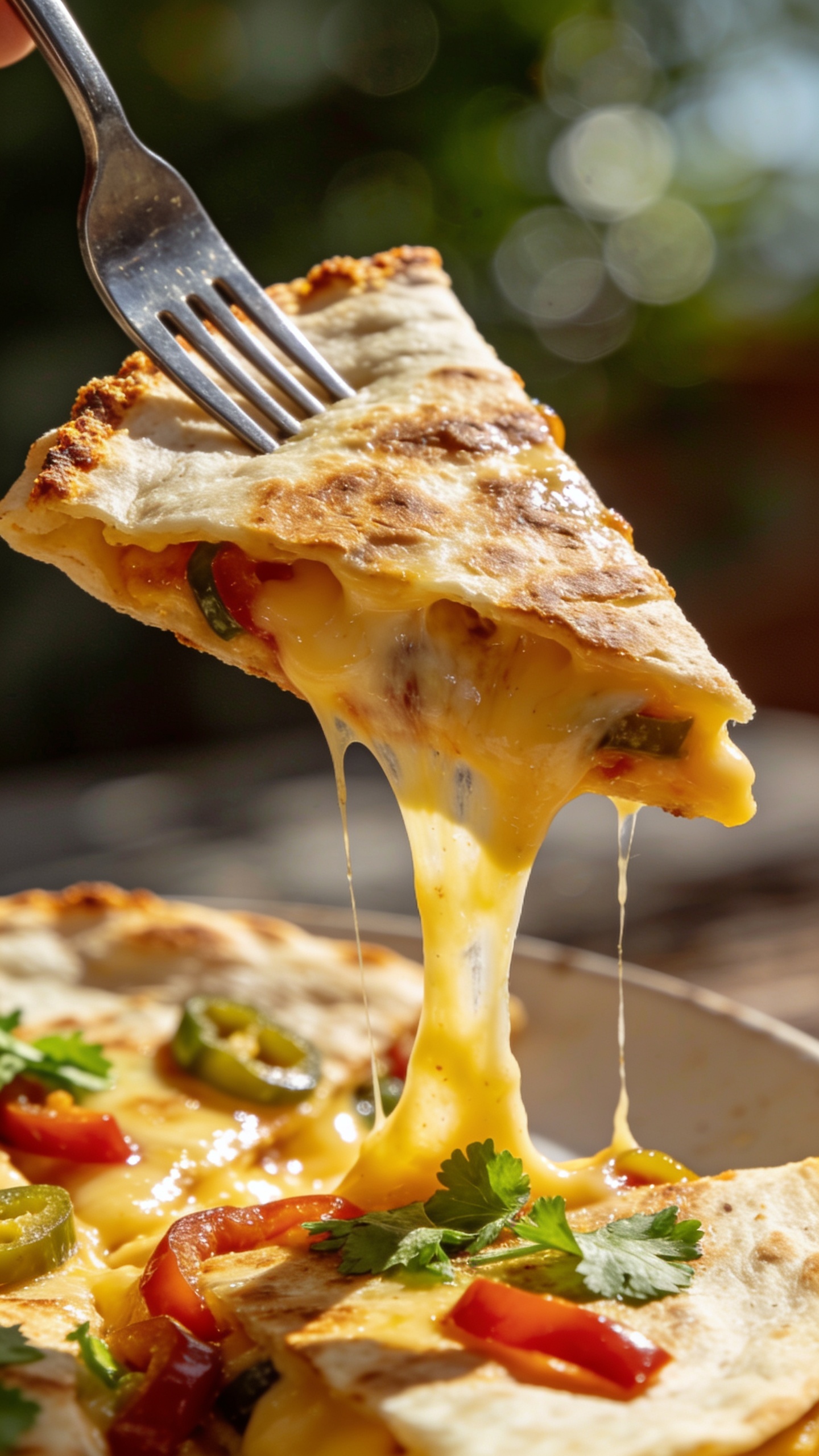 A dynamic, close-up action moment just before the bite: a fork lifting a perfectly melted, gooey triangle from the quesadilla, cheese stretching slightly, glossy surface with peppers and cilantro catching the light, crispy tortilla edge in clear focus, bokeh background, 90–95% food fill, natural daylight.