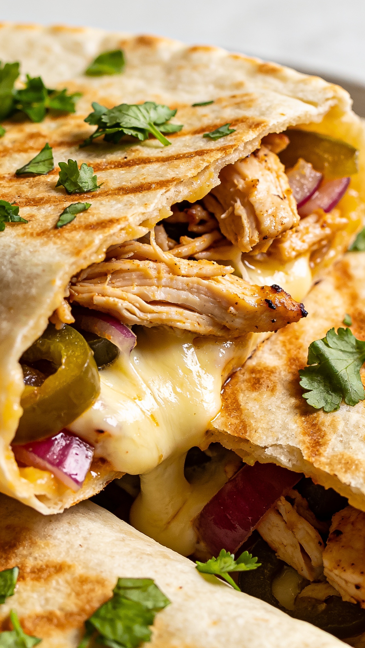 An extreme close-up from above as a crispy tortilla is sliced open to reveal the juicy, shredded rotisserie chicken, creamy cheese oozing, peppers and red onion visible, fresh cilantro sprinkled on top, bright natural lighting, shallow depth of field, food dominating the frame with rich textures and glossy sheen.