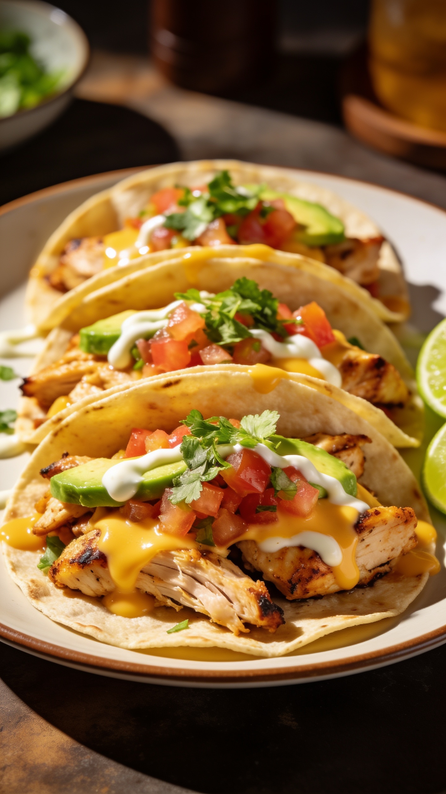 A stunning hero shot of the finished high-protein rotisserie chicken tacos on a premium plate, vibrant toppings visible (pico de gallo, avocado, cilantro, melted cheese), lime crema drizzle, sunlit natural lighting, shallow depth of field, no people or hands, the plate centered, rich textures and glossy sauces, food filling 90–95% of the frame.