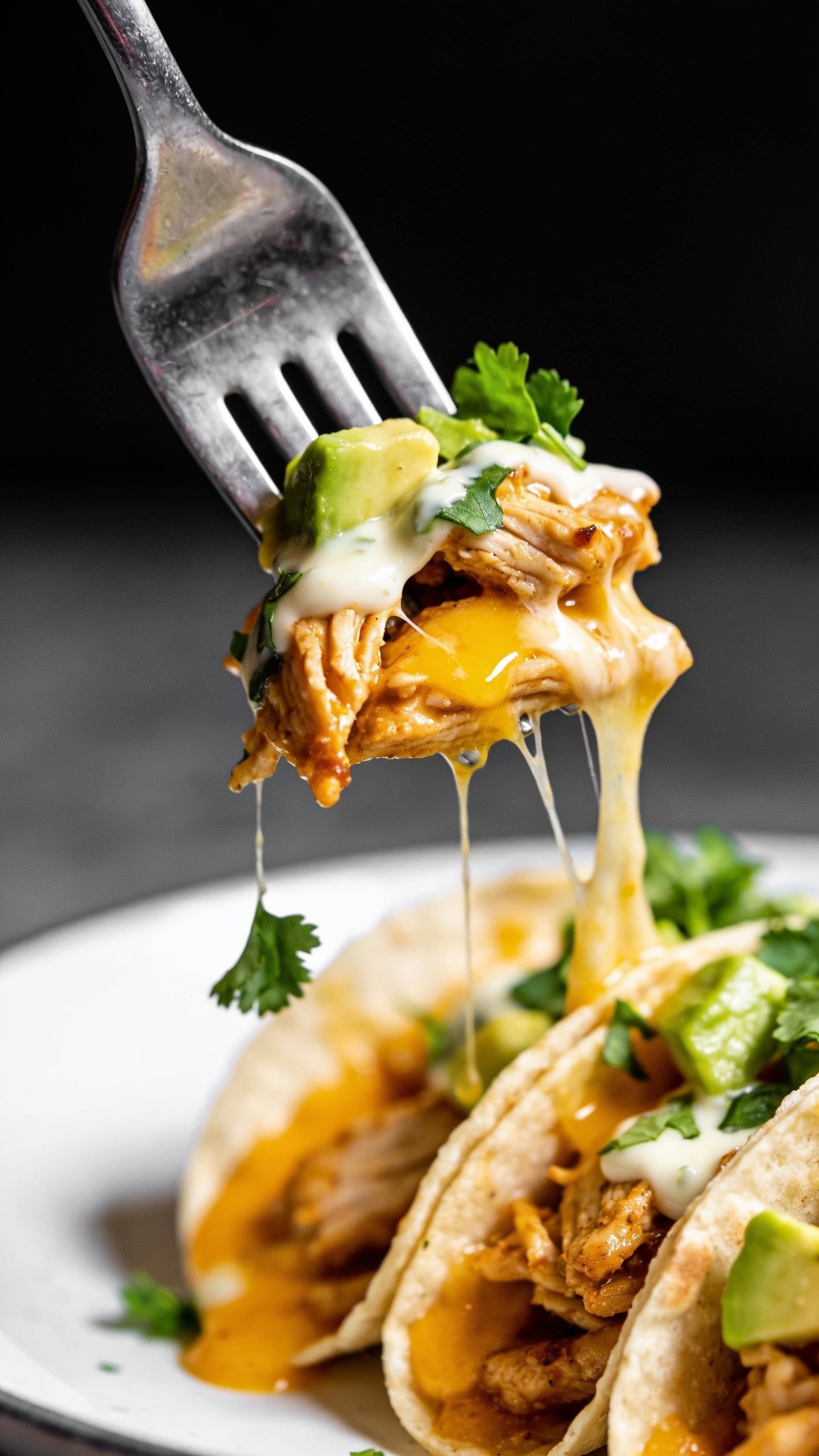 A close-up dynamic action shot: a fork lifting the perfect bite from the finished tacos, juicy chicken, melted cheese stretching slightly, crema glistening, cilantro and avocado bits suspended in place, bright natural light, ultra-close-up, shallow depth of field, no hands or faces, plate still visible in the background for context.