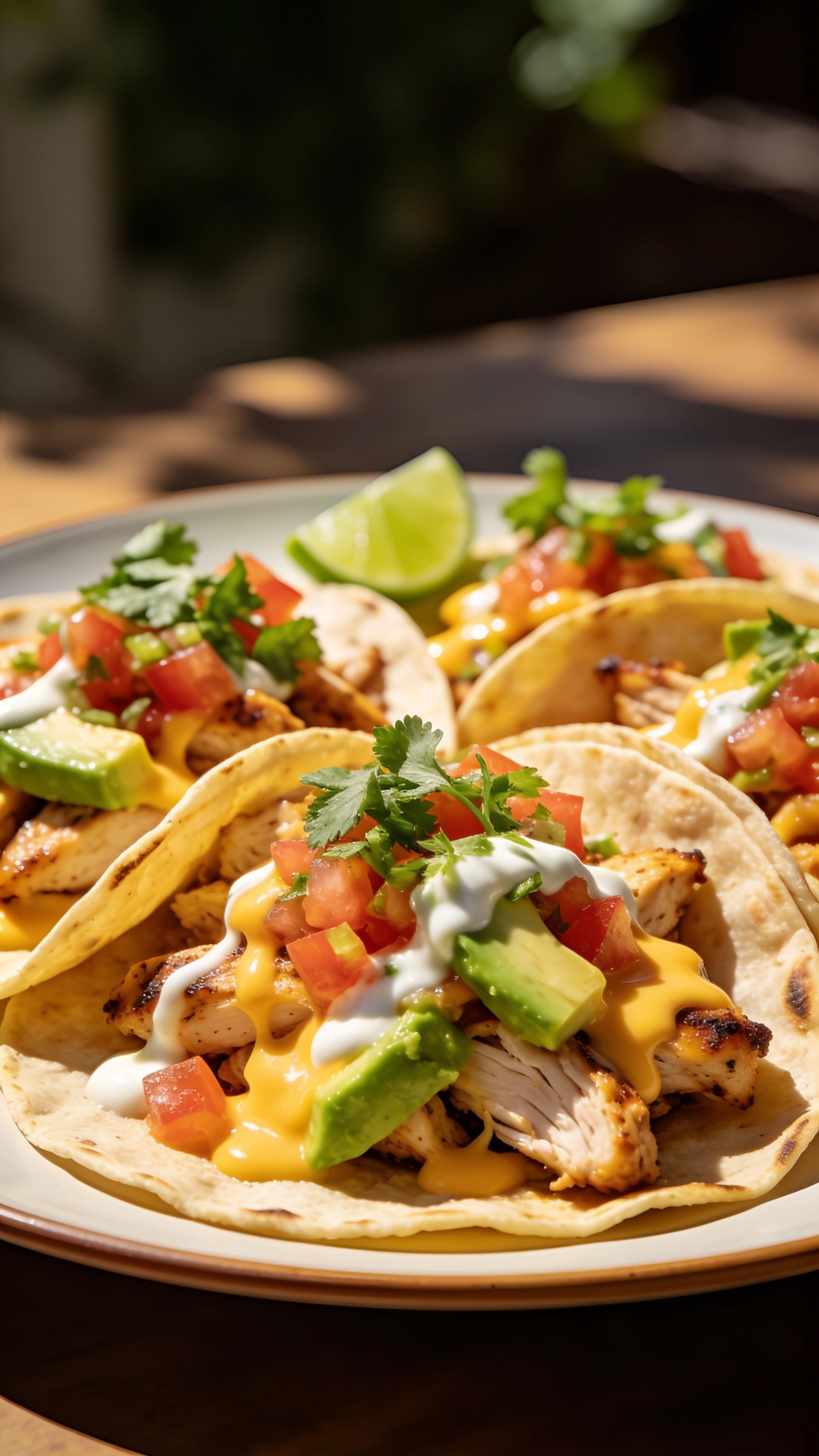 An extreme close-up from the side/top angle: crispy tortilla edges with steaming interior, glossy sauce and lime crema coating, shredded chicken, cheddar cheese melting into the bite, fresh cilantro and pico de gallo sparks of color, soft bokeh background, bright natural lighting, 90–95% food fill, premium food-blog styling.
