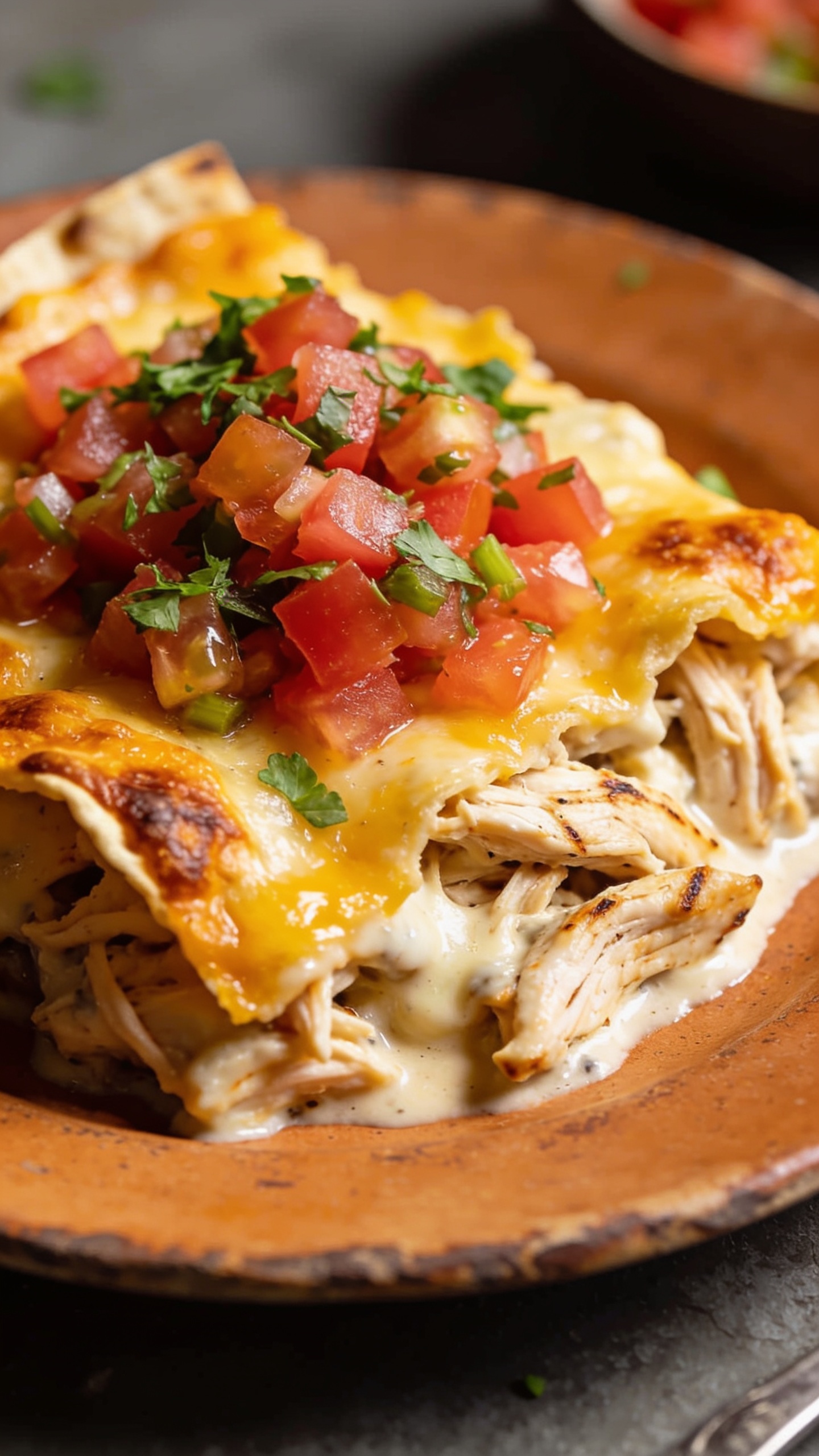 A stunning hero shot of the finished High Protein Rotisserie Chicken Taco Casserole plated on a rustic, warm-toned plate with creamy sauce visible and melted cheese edges, vibrant pico and green herbs on top; no people, bright natural lighting, shallow depth of field, the dish filling 90-95% of the frame, ultra-low angle to emphasize texture and gloss.