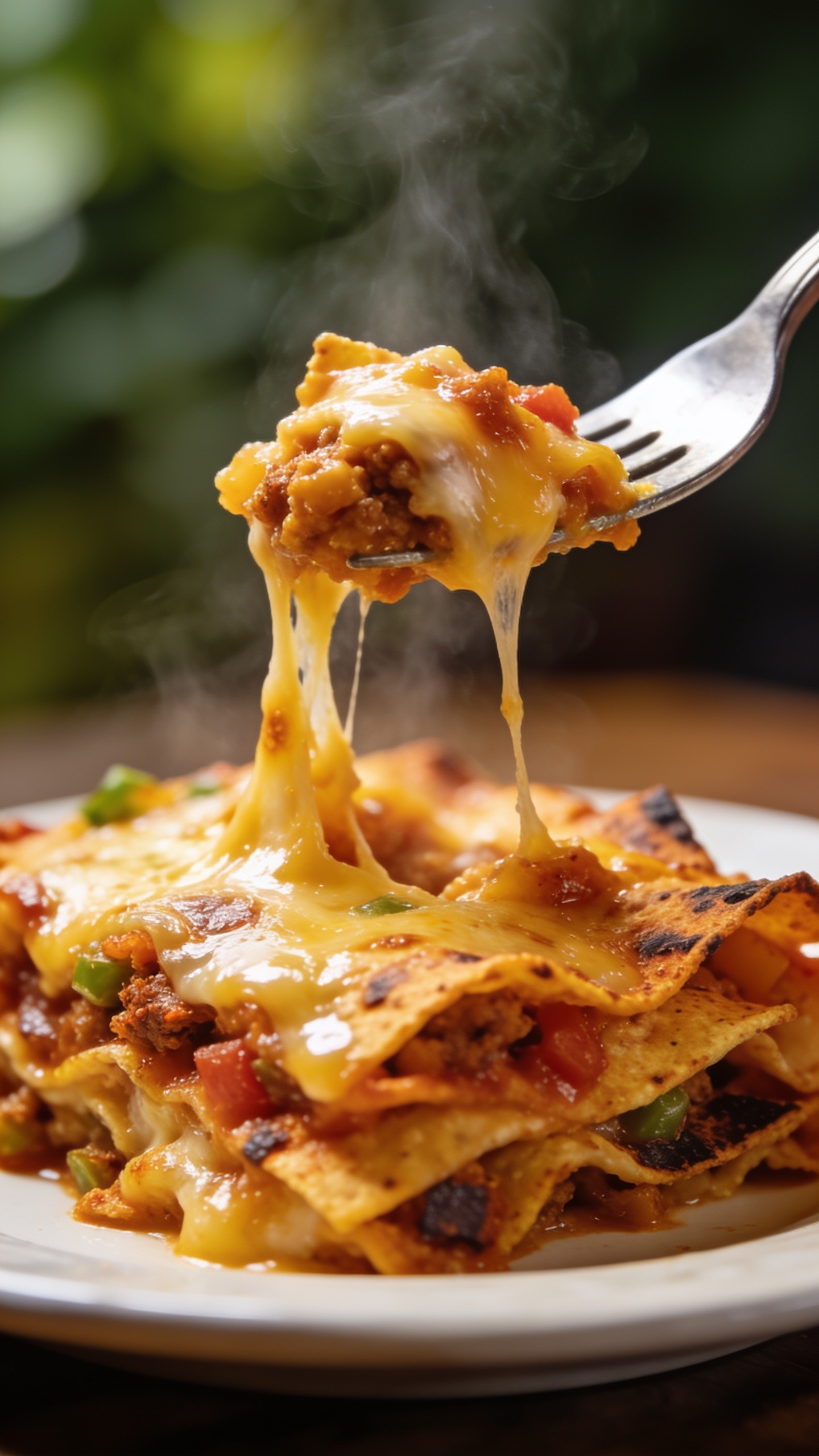 A dynamic close-up action moment: a fork lifting the perfect bite of the casserole, cheese stretching slightly as it leaves the plate, glossy taco-seasoned layers visible, steam just rising, rich colors and textures in sharp foreground with a soft bokeh background; utensils only, no hands or faces, natural daylight, 90-95% food.