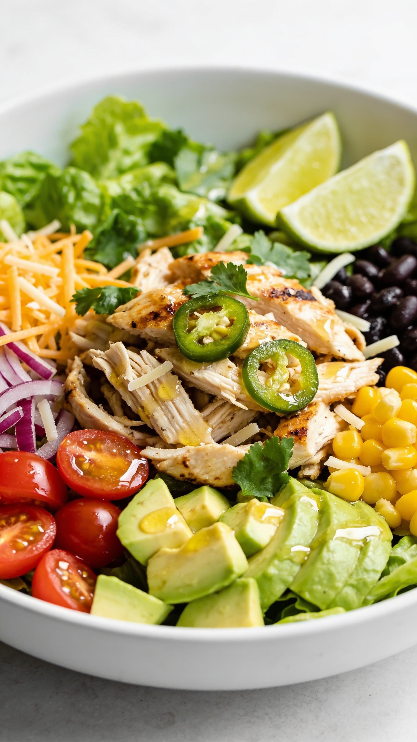 A stunning hero shot of the finished High Protein Rotisserie Chicken Taco Salad in a pristine white bowl, vibrant greens and colorful toppings—romaine, cherry tomatoes, corn, avocado, black beans, red onion, shredded cheese, cilantro, jalapeño, and lime wedges glistening with a light citrus sheen. Bright natural lighting, ultra-close-up, shallow depth of field, 90–95% frame coverage, no text, no people; the dish appears glossy, fresh, and premium.