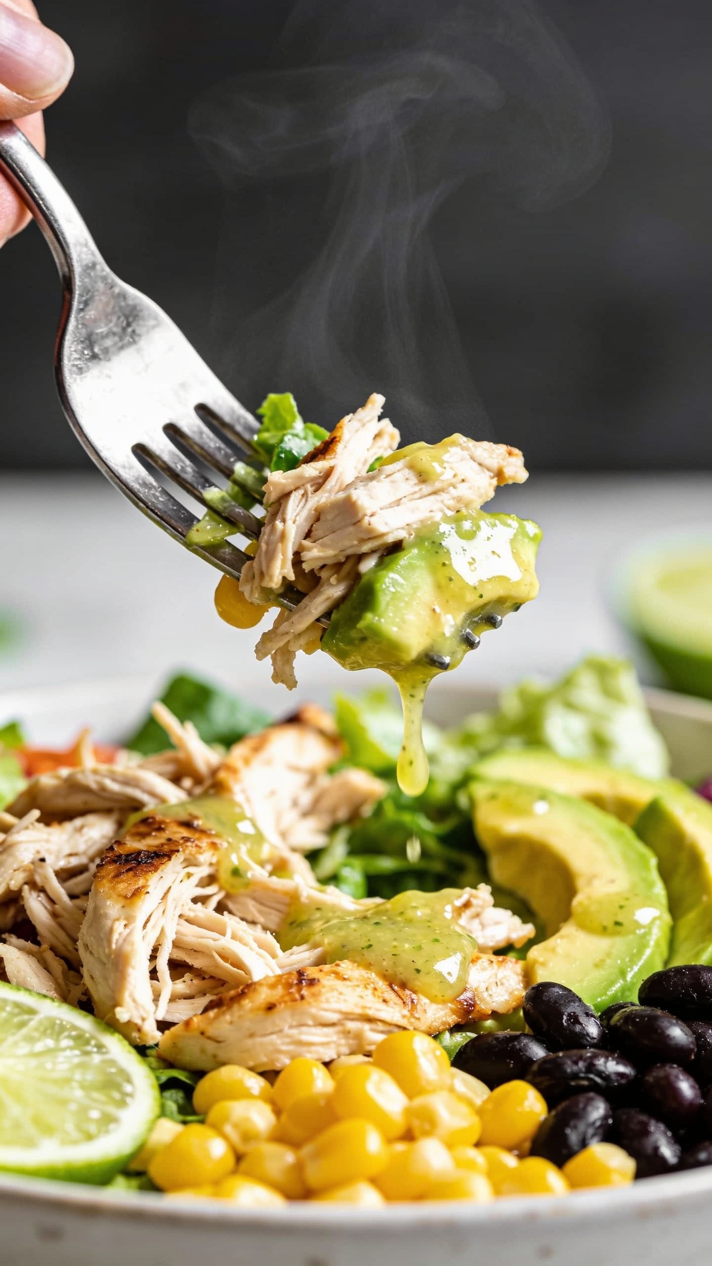 A dynamic action close-up of a fork lifting the perfect bite from the salad: shredded rotisserie chicken, avocado, corn, black beans, and a kiss of lime-limey dressing visible on the fork’s tines. The moment just before the bite, with steam faintly rising and a glossy sheen on the ingredients, ultra-close-up, shallow depth of field, bright natural light, 90–95% frame.