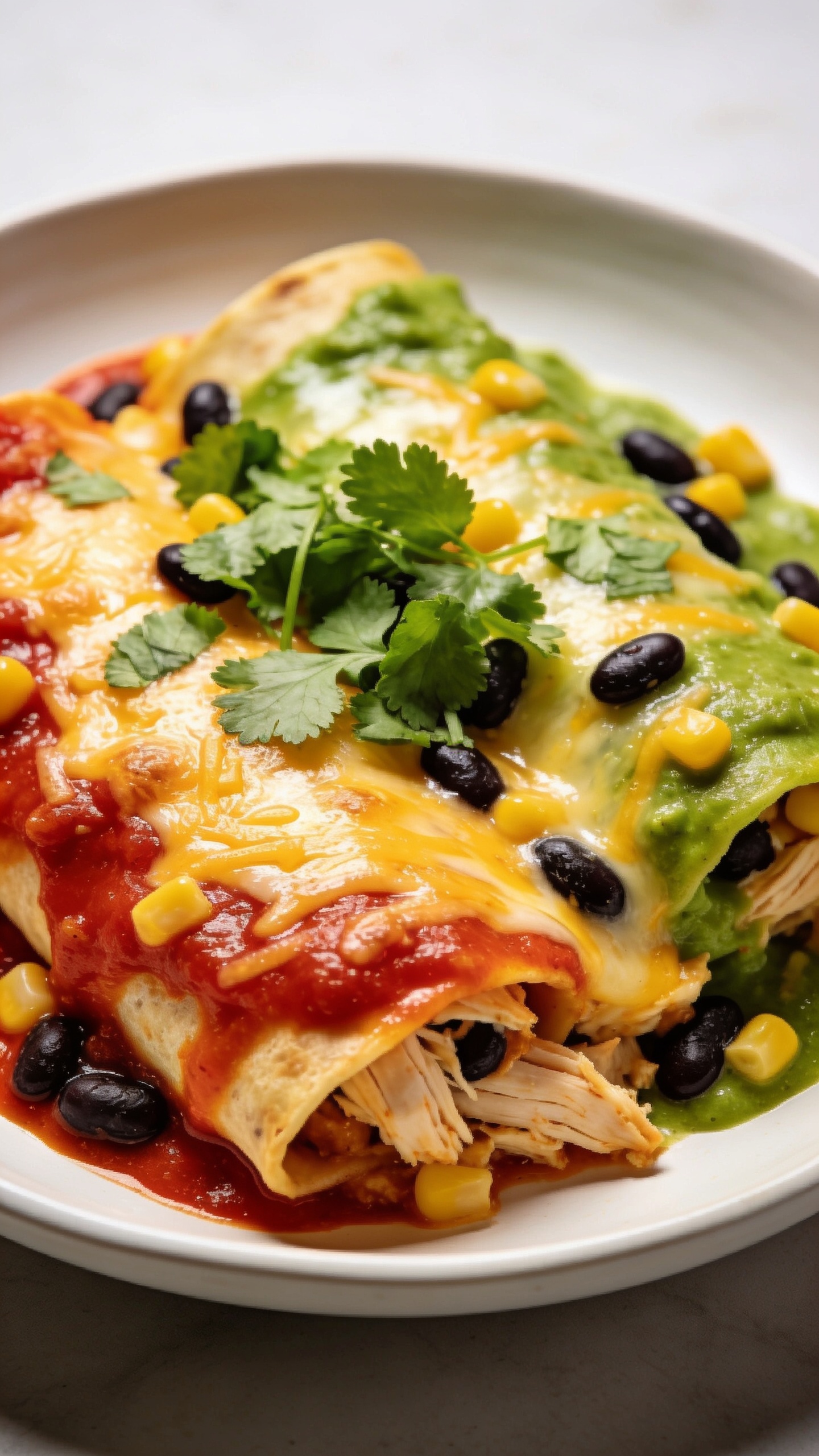 A stunning hero image of the finished High Protein Rotisserie Chicken Enchilada Casserole plated in a shallow white dish, the casserole bubbling with melted cheddar and Monterey Jack, vibrant red or green enchilada sauce coating the edges, toppings of fresh cilantro and a hint of black beans and corn peeking through, bright natural light, shallow depth of field, rich textures, no people, the plate centered, 8k photo realism.