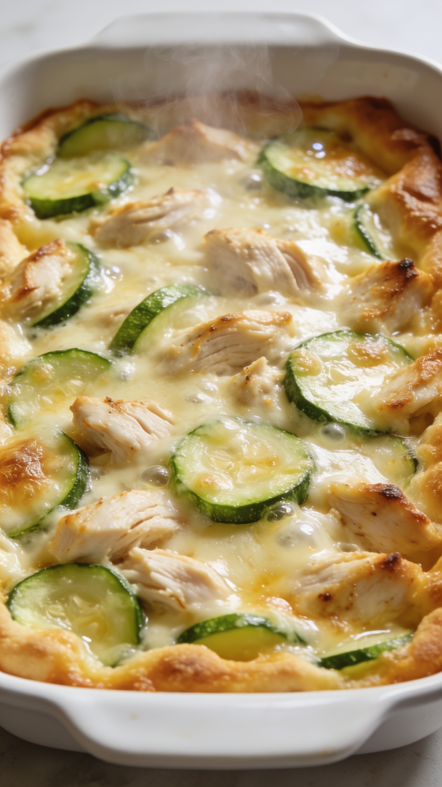 A stunning hero shot of the finished High Protein Rotisserie Chicken Zucchini Casserole in a shallow white baking dish, the creamy, cheesy casserole bubbling at the edges, vibrant green zucchini slices visible, a light golden crust, steamed glints, bright natural lighting, no people or hands, the dish centered and filling 90–95% of the frame, ultra-close-up, premium food-blog styling.