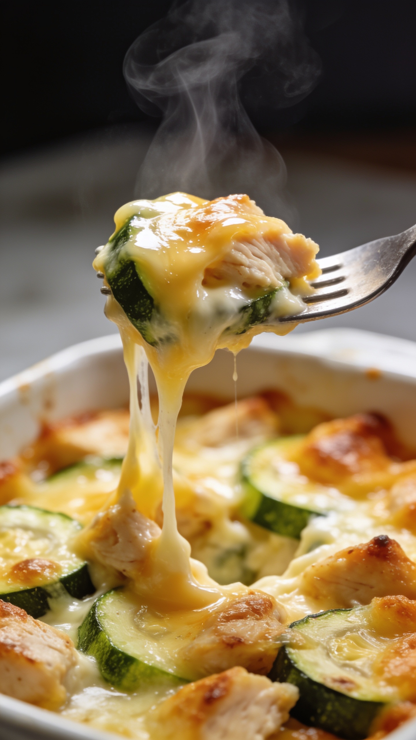 A dynamic close-up action scene: a fork is just about to lift the perfect bite from the casserole, a glistening, gooey cheese pull forming as a forkful of zucchini, chicken, and creamy filling rises, steam wisps curling, rich textures, vibrant colors, shallow depth of field, food occupying most of the frame, no hands visible.