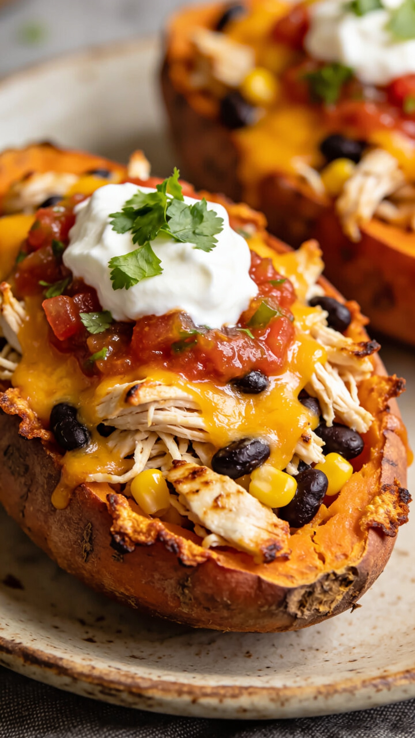 A stunning hero close-up of the finished High Protein Rotisserie Chicken Stuffed Sweet Potatoes plated on a warm, rustic plate. The scene shows the potato halves stuffed with shredded rotisserie chicken, black beans, corn, and melty cheddar oozing slightly, with a dollop of sour cream and a sprinkle of cilantro on top. Bright natural light highlights the glossy cheese, vibrant salsa, and creamy filling, with a shallow depth of field keeping the focus on the textures and colors of the filling and crispy edges.