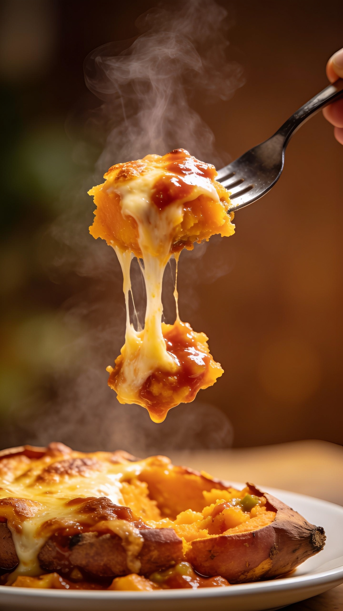A dynamic, mouthwatering close-up of a single perfect bite being lifted mid-air by a fork, just before it reaches the mouth. The fork is lifting a juicy, cheesy, golden-brown stuffed sweet potato bite with steam rising, cheese stretching slightly, and a glossy salsa glaze catching the light. The plate below shows a hint of the full dish, but the primary focus remains on the action at the bite, with the food occupying 90–95% of the frame and a soft bokeh background.