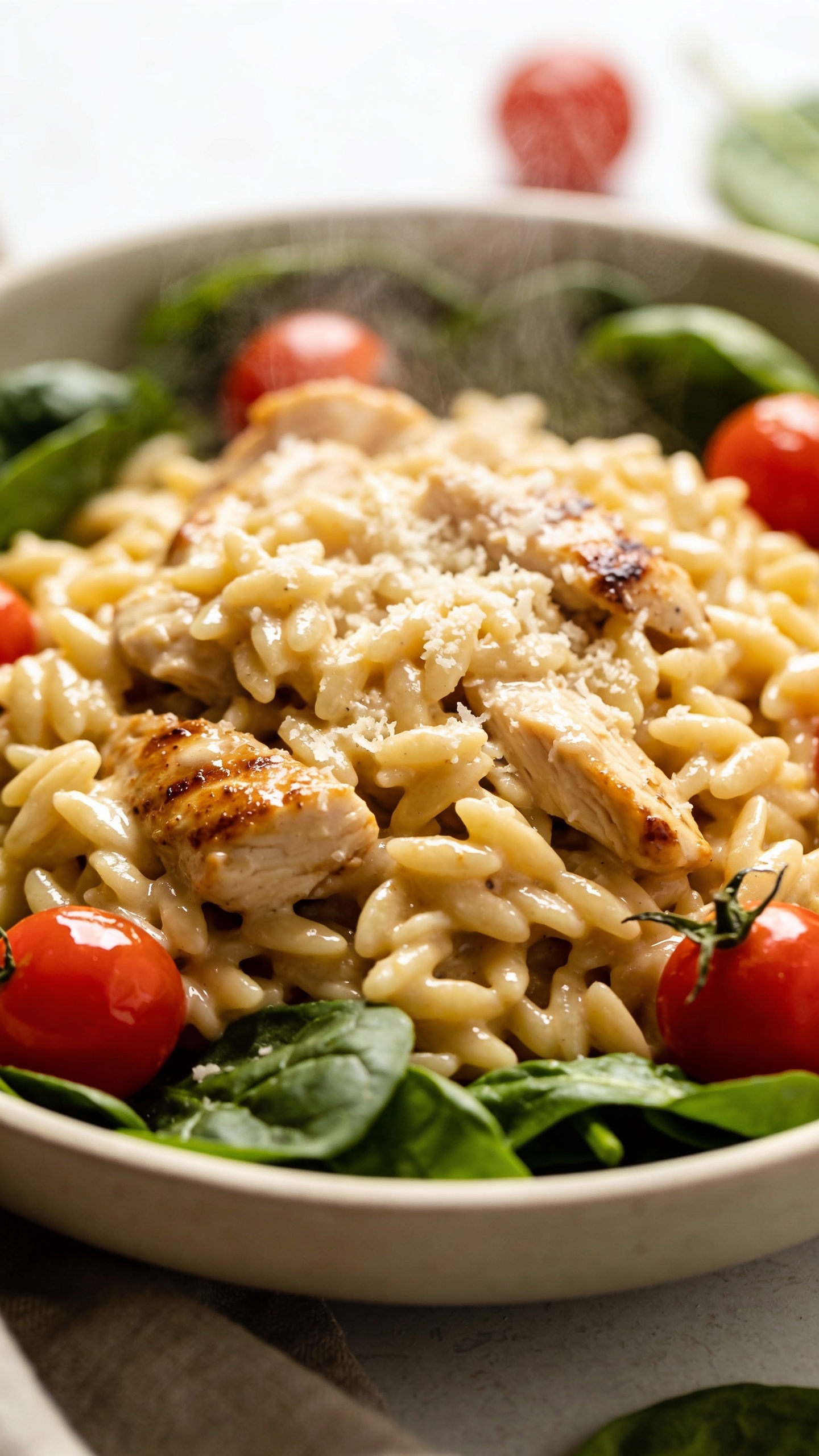 A stunning hero shot of the finished High Protein Rotisserie Chicken Orzo plated beautifully in a shallow bowl, glistening with creamy sauce and Parmesan, cherry tomatoes and spinach vibrant around the edges, steam just dissipating, bright natural light, shallow depth of field, food occupying 90–95% of frame, no hands or people visible.