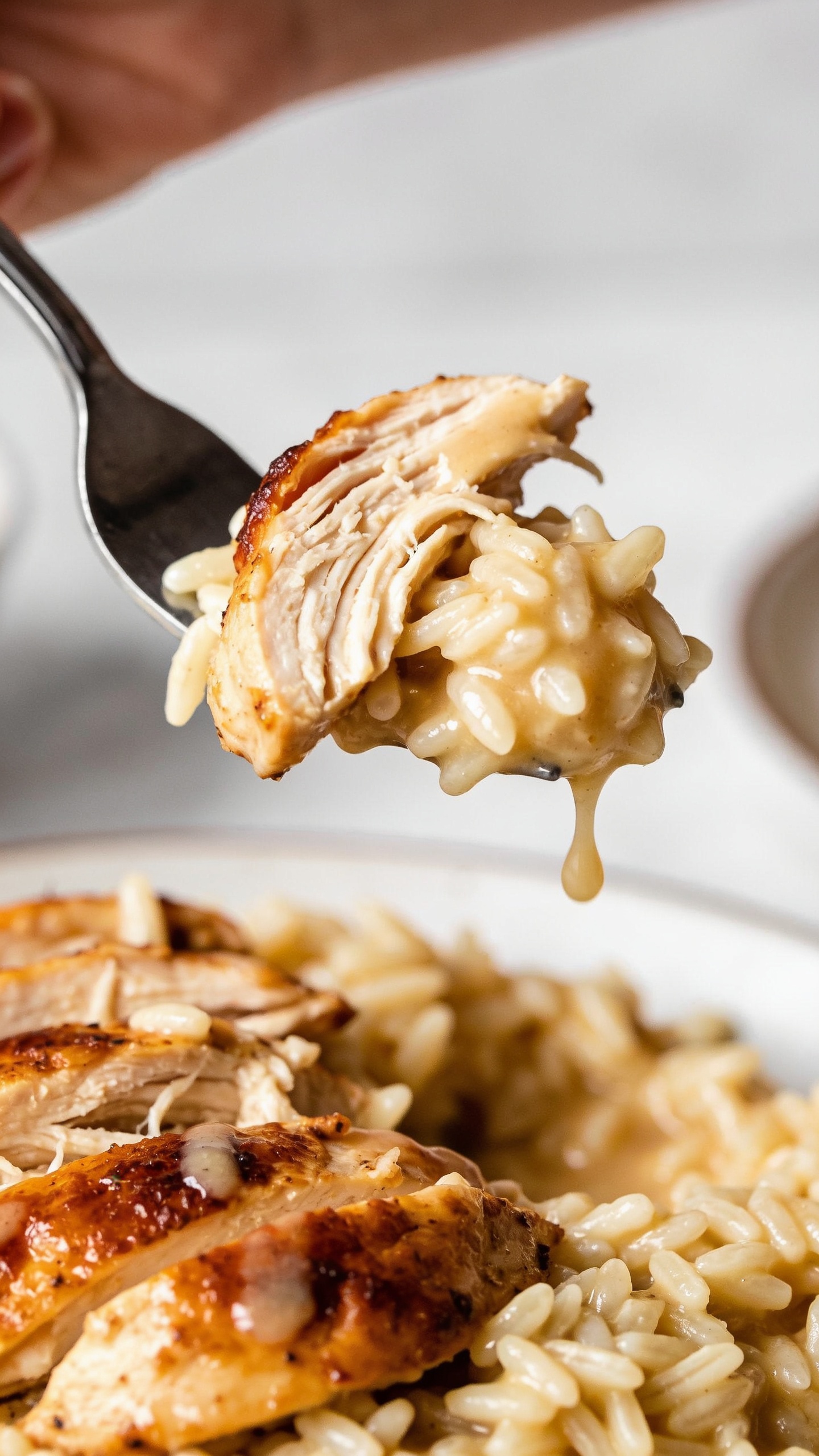 A close-up action moment: a fork lifting a perfect bite of the finished dish, showcasing juicy shredded rotisserie chicken, creamy orzo, and glossy sauce stretching ever so slightly as the bite is about to be taken, only the fork and bite visible against a softly blurred plate, bright natural lighting, premium food-blog styling.