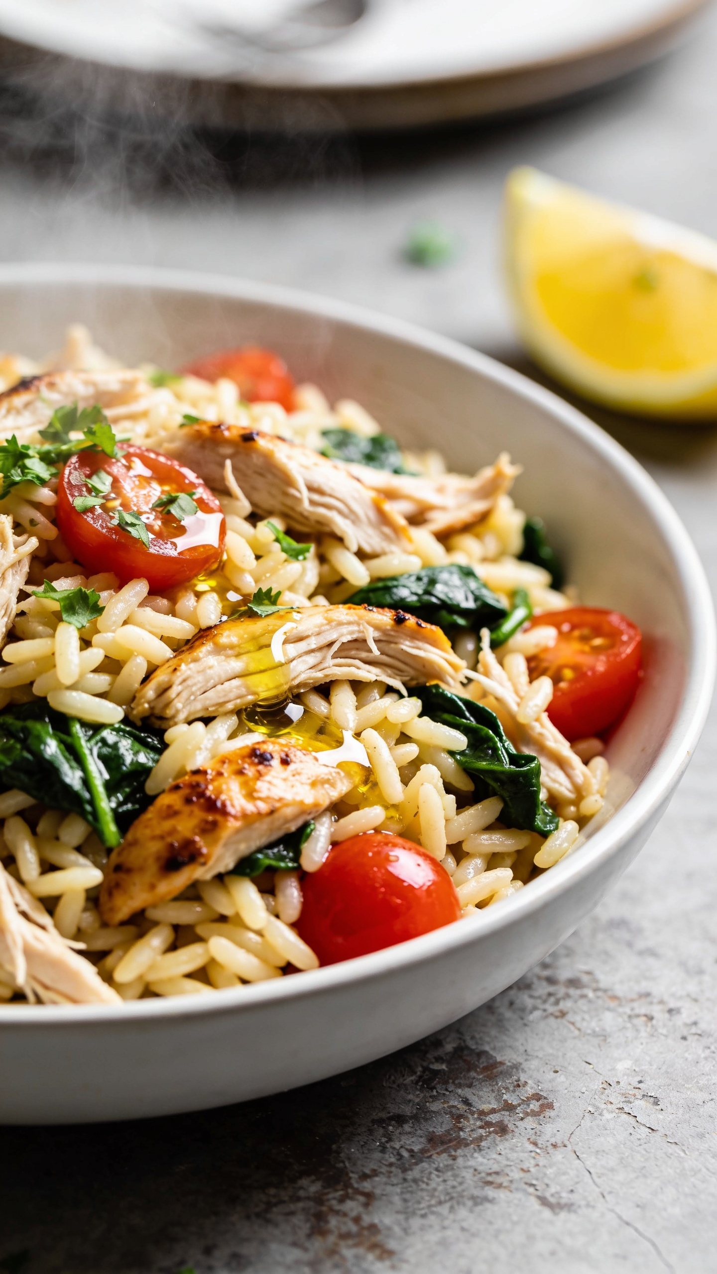 Another ultra-close, multi-angle view of the finished dish: top-down but at a slight angle to emphasize textures, features include melted Parmesan lace on the edges, glossy sauce coating each grain of orzo, cherry tomatoes bursting with color, a sprinkle of fresh parsley, shallow depth of field, 90–95% plate fill, vivid lighting, no utensils in frame.