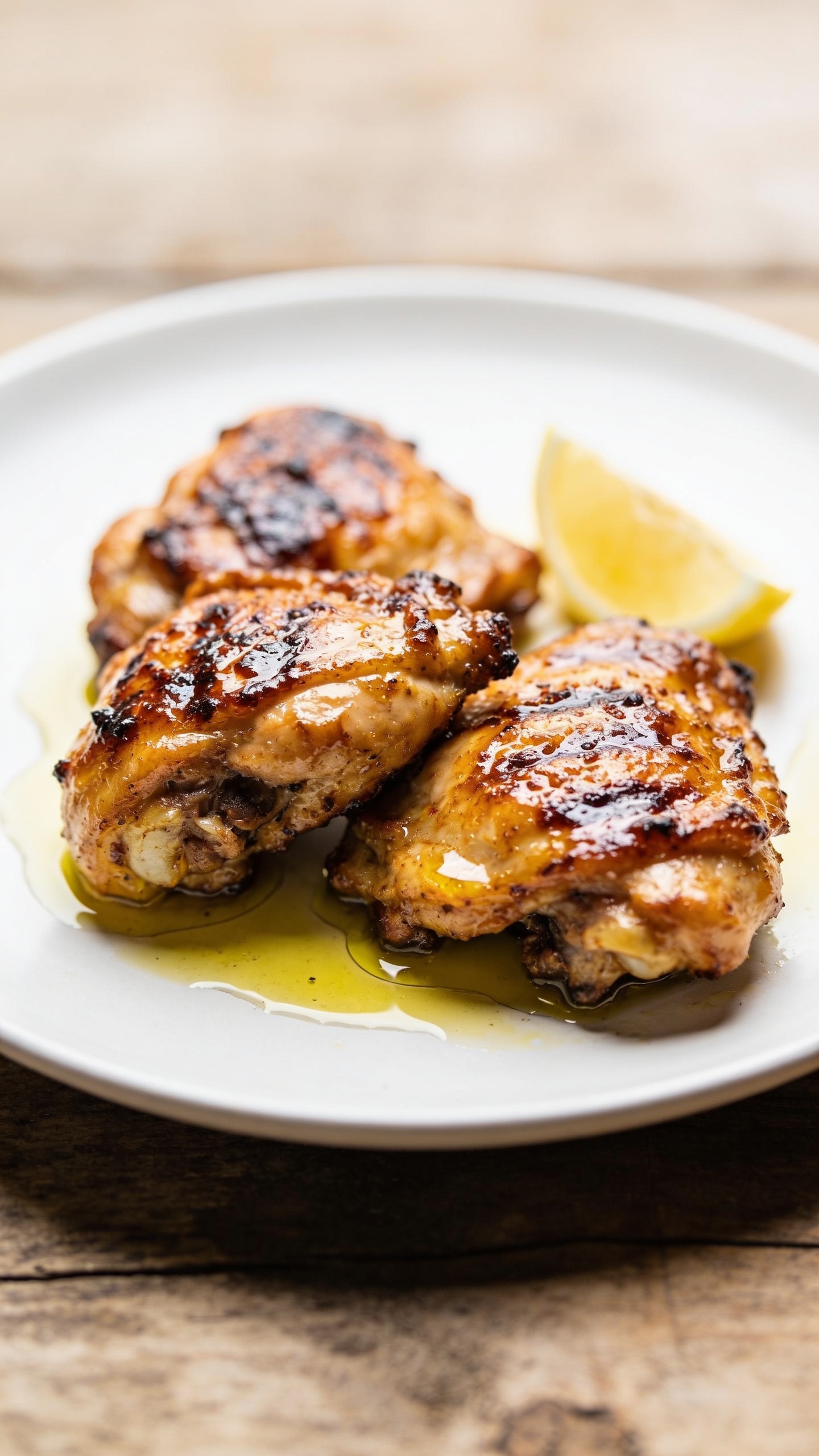 A stunning hero shot of the finished high-protein grilled chicken thighs on a clean white plate, glossy, juicy chicken with crispy, bronzed skin, olive oil sheen, lemon wedge garnish barely visible, minimalistic rustic background, natural bright light, shallow depth of field, no hands or people, the plate centered, warm tones.