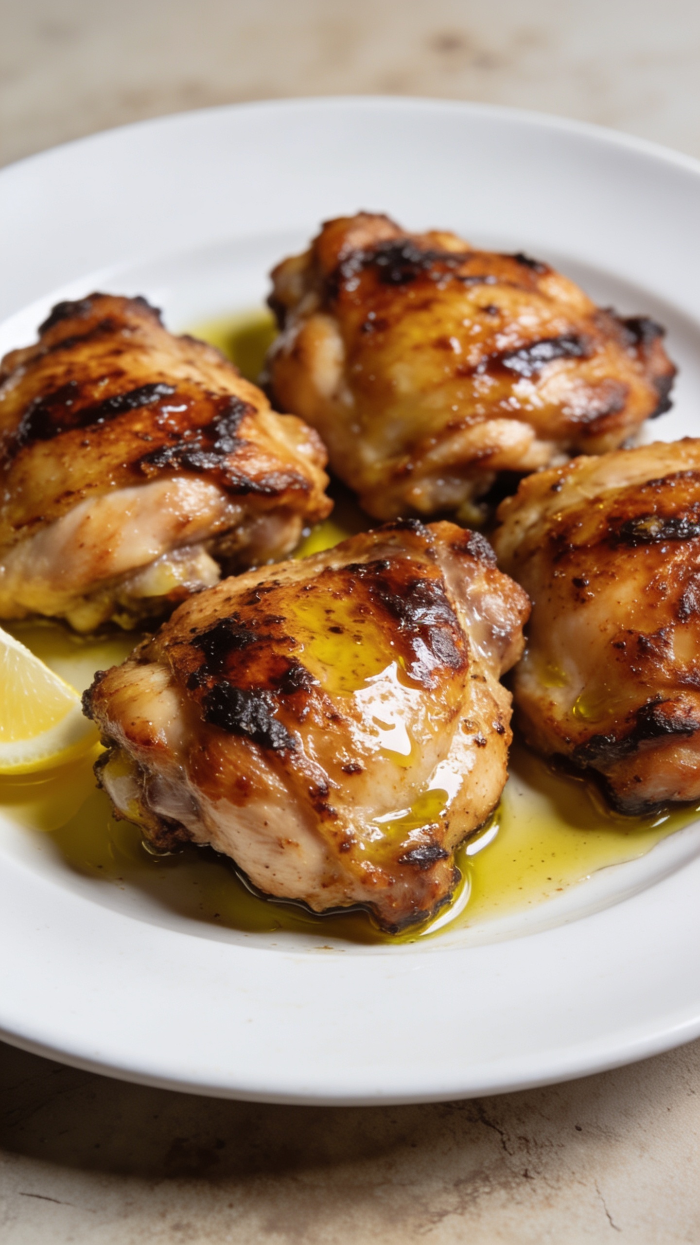 A close-up action scene capture: a fork lifting the perfect bite of grilled chicken thigh from the plate, sauce glistening on the fork and meat, steam faintly rising, focus tightly on the bite with a blurred plate and background, vibrant color, premium food-blog styling, no hands visible.