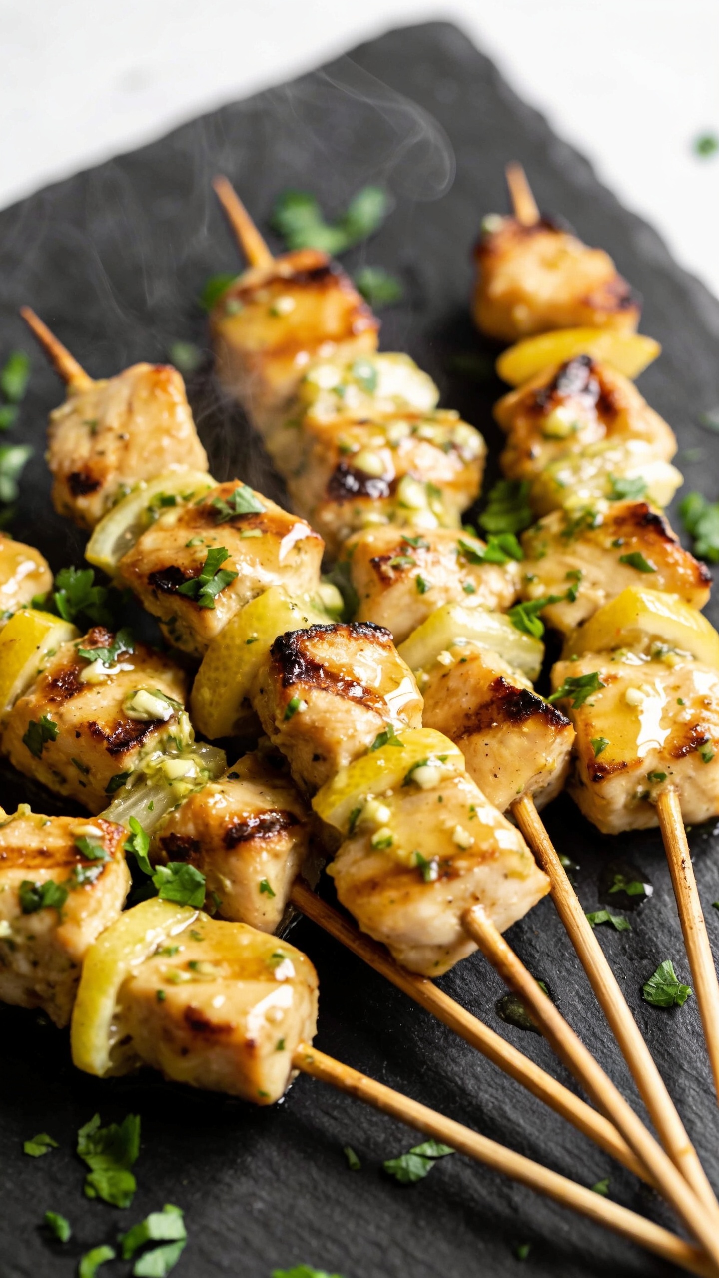 A stunning hero image of the finished High Protein Grilled Chicken Skewers plated elegantly on a dark slate board, skewers arranged in a fan, glossy lemon-garlic herb glaze shimmering, succulent chicken cubes charred at the edges, vibrant chopped parsley sprinkled, subtle steam, bright natural light, ultra-close-up, 90â95% frame fill, shallow depth of field, rich textures, no text or humans.