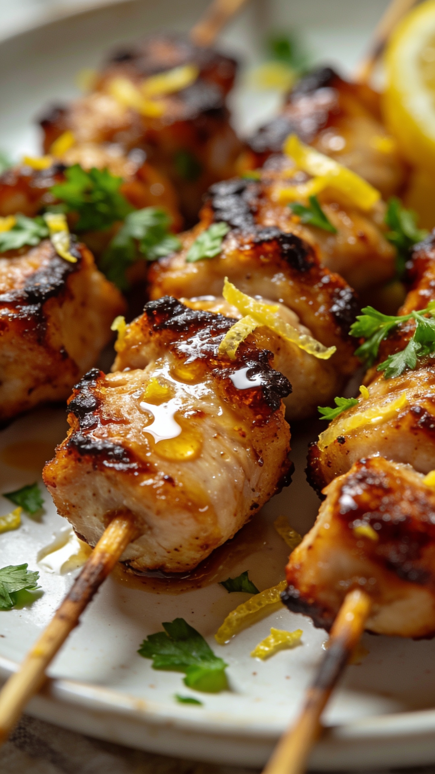Close-up macro of the finished skewers from a slightly lower angle, focusing on the crispy caramelized edges and tender interior, droplets of marinade glaze catching the light, lemon zest flecks and parsley in crisp contrast, vibrant colors, shallow depth of field with the plate softly blurred, natural daylight look, 90â95% frame.