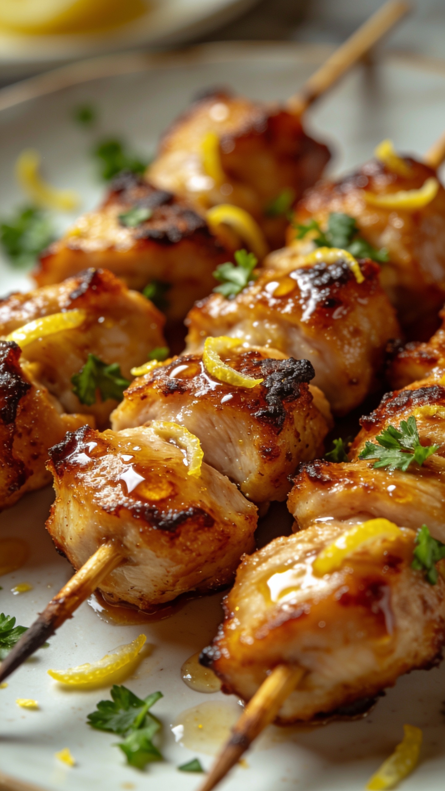 A dynamic close-up action shot: a fork lifting a perfect bite of juicy grilled chicken off the skewer, glossy glaze trailing, sesame seeds and fresh herbs just about to fall onto the bite, the plate and skewers softly blurred in the background, bright natural lighting, shallow depth of field, 90â95% food frame, premium food-blog styling, no hands, no faces.